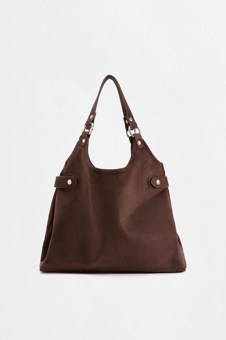 Faux suede ring shopper bag — BROWN