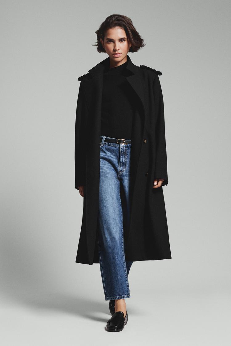 Long synthetic wool coat — BLACK