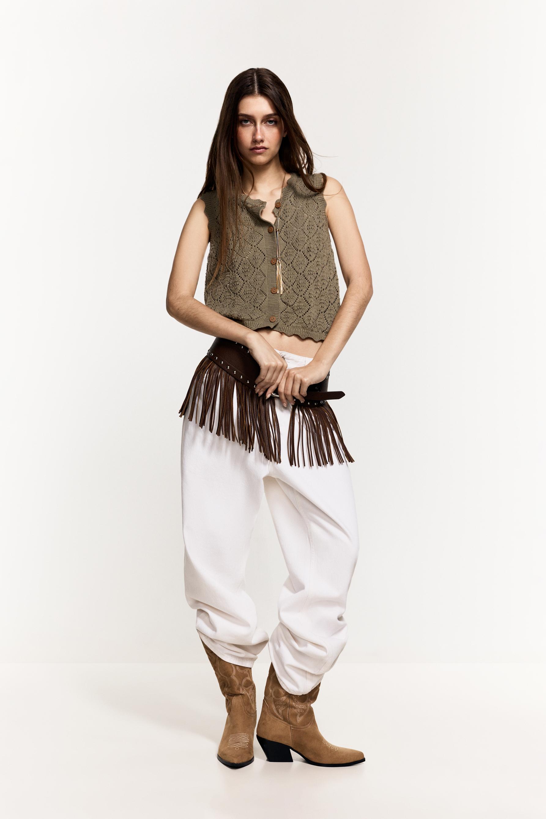 Cutwork knit top — KHAKI