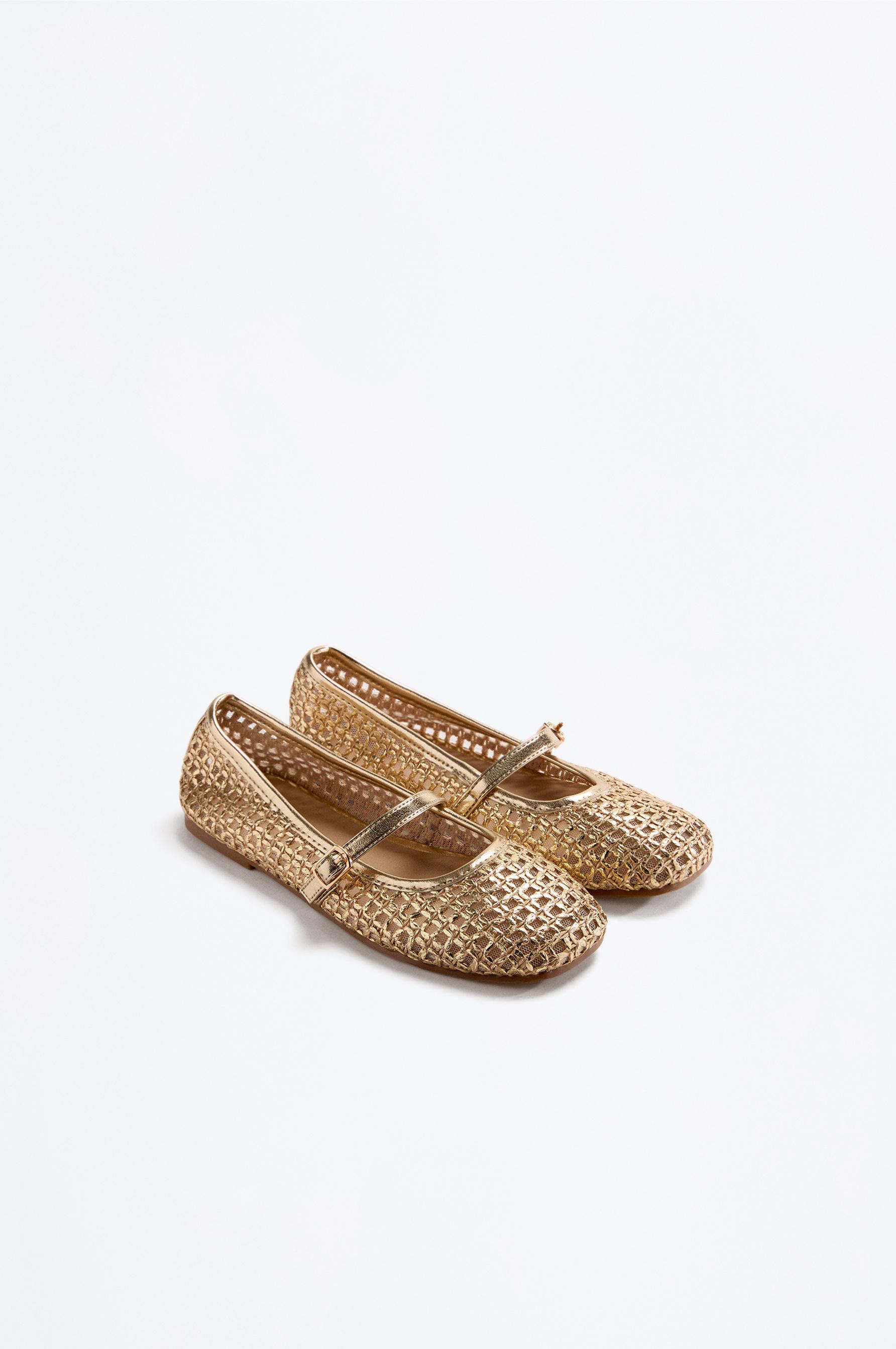 METALLIC MESH BALLET PUMPS — GOLD