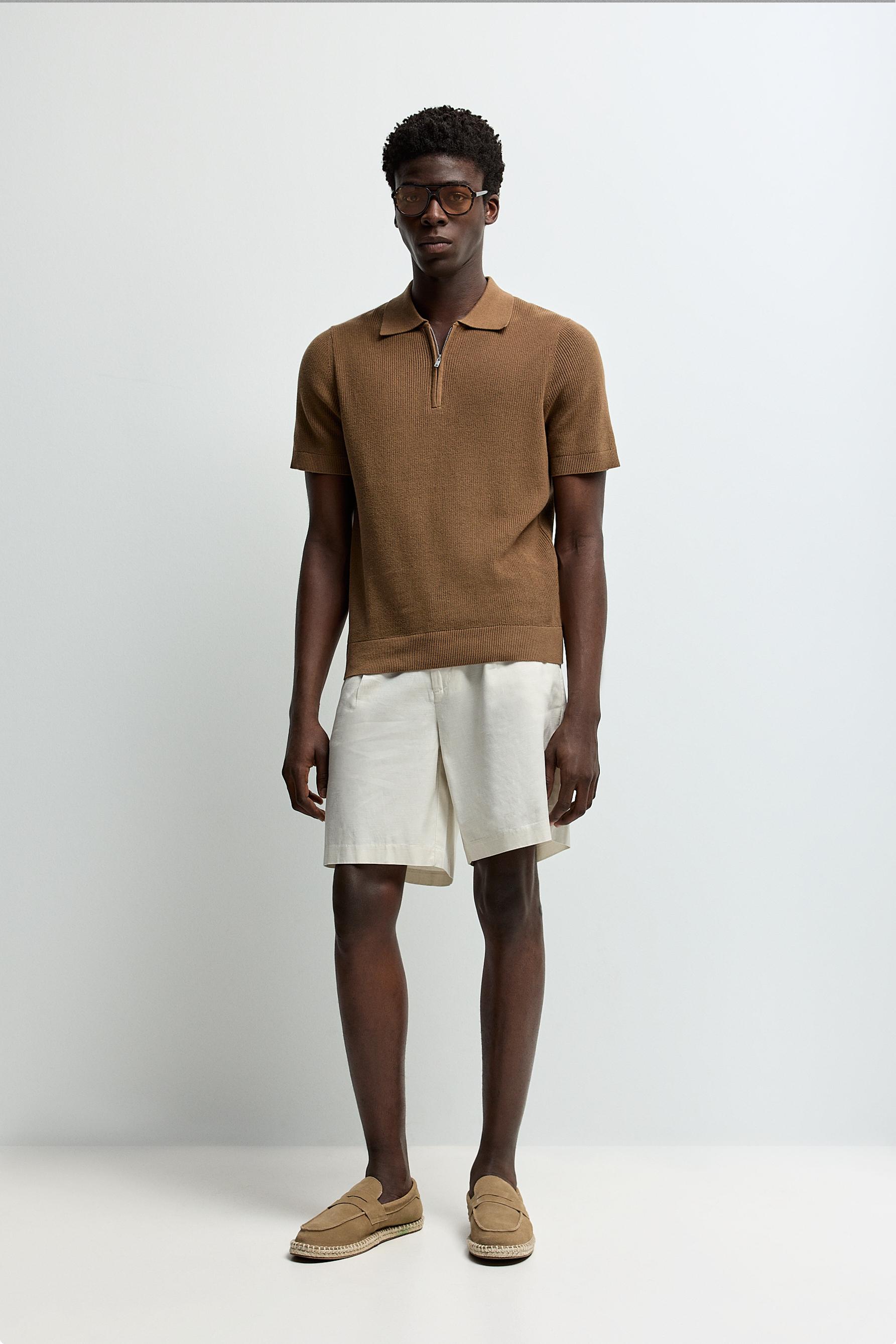 Zip-up knit polo — CAMEL