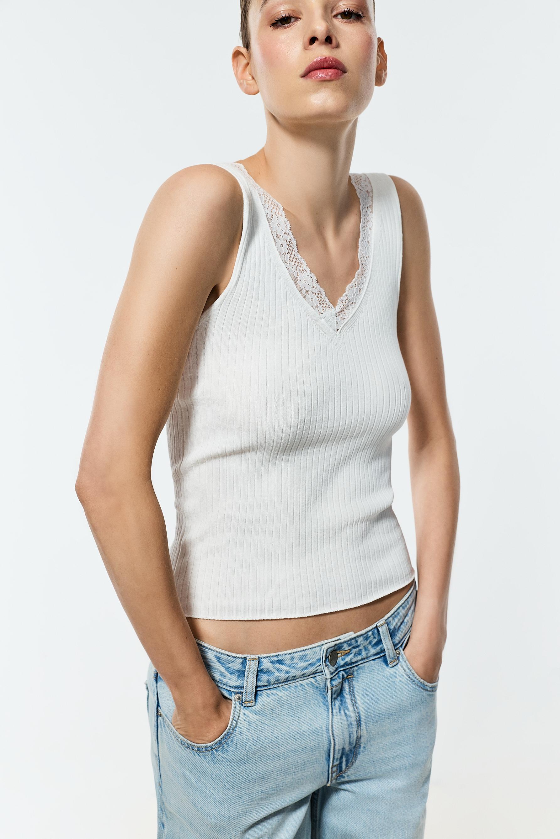 Ribbed lace knit top — WHITE