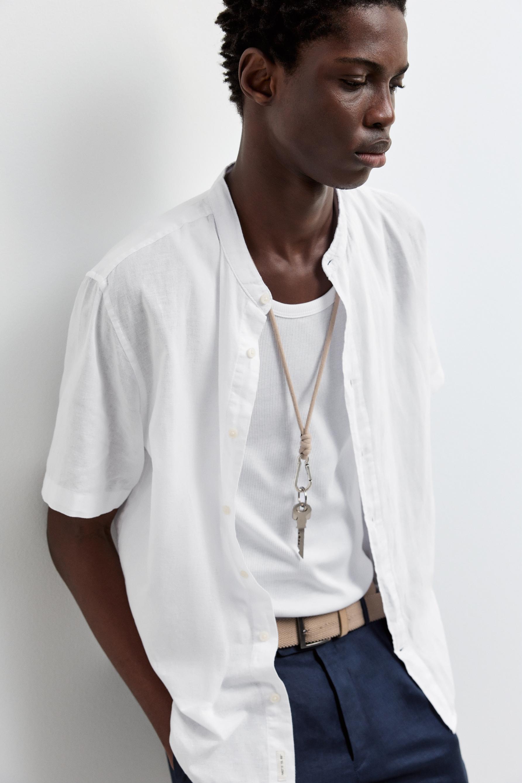 Linen-cotton stand collar shirt — WHITE