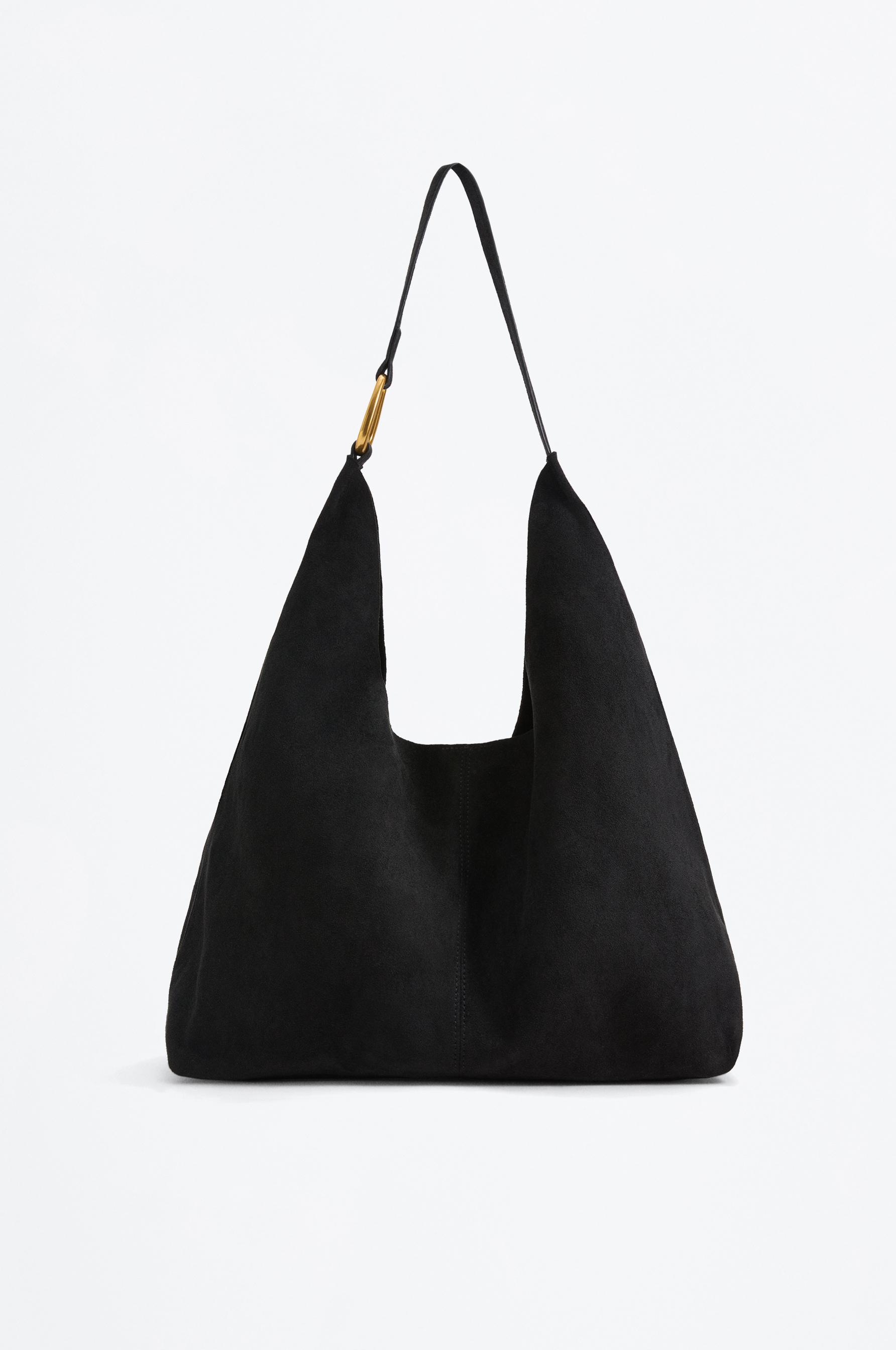 Faux suede bucket bag with ring detail — BLACK