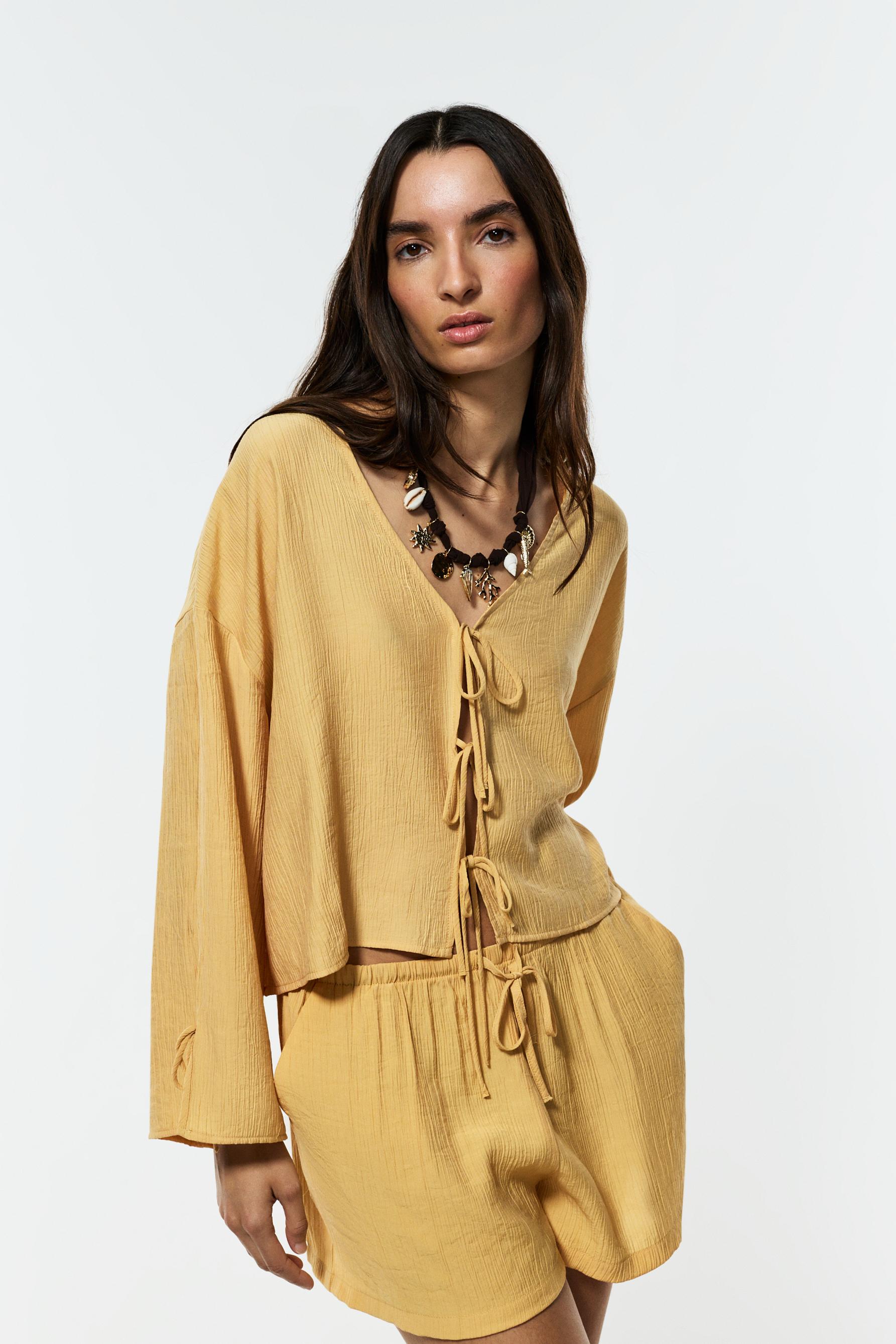 Textured tie-front shirt — YELLOW