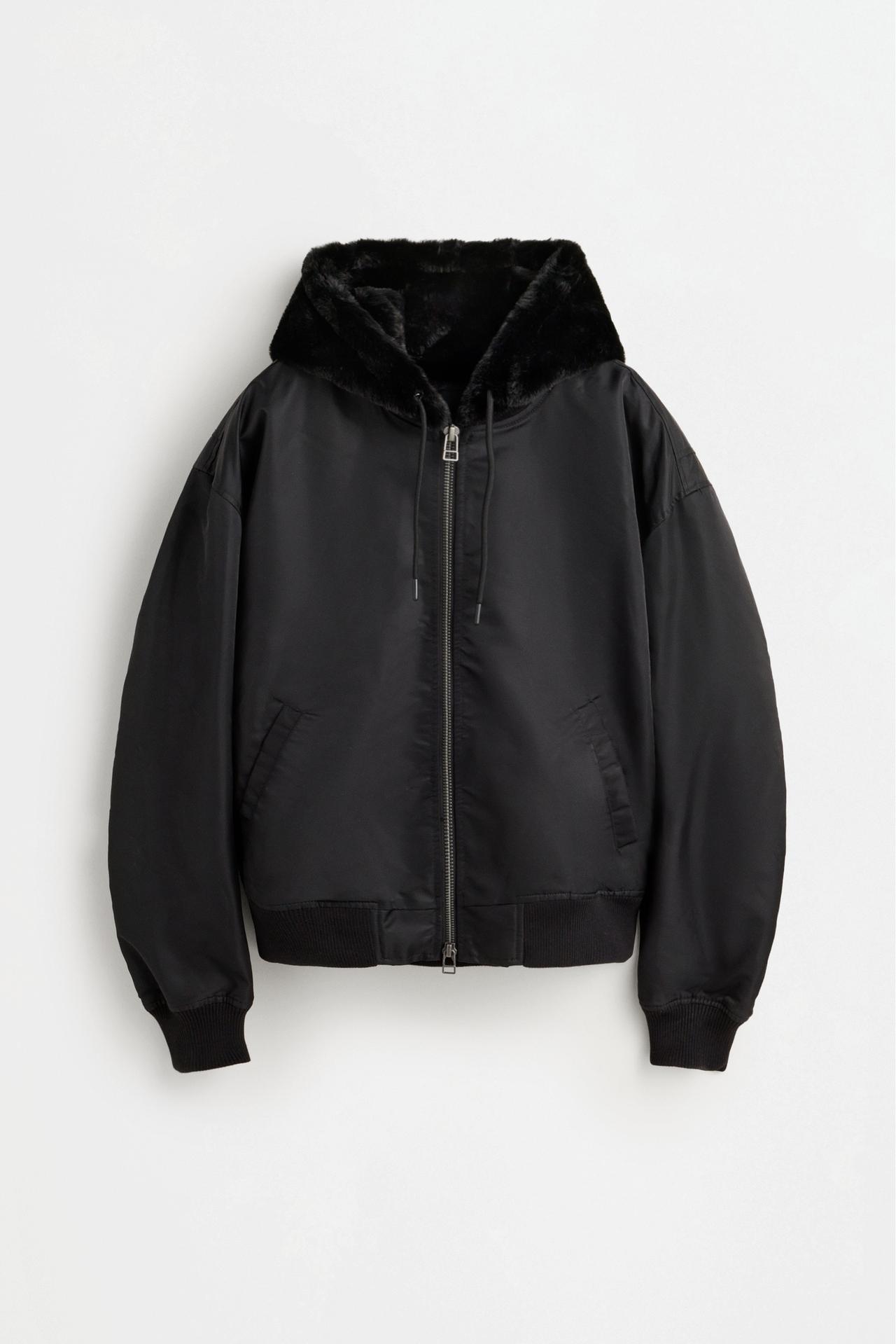 Fur bomber with hood — BLACK