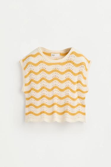 Wavy cutwork knit top — MUSTARD 1