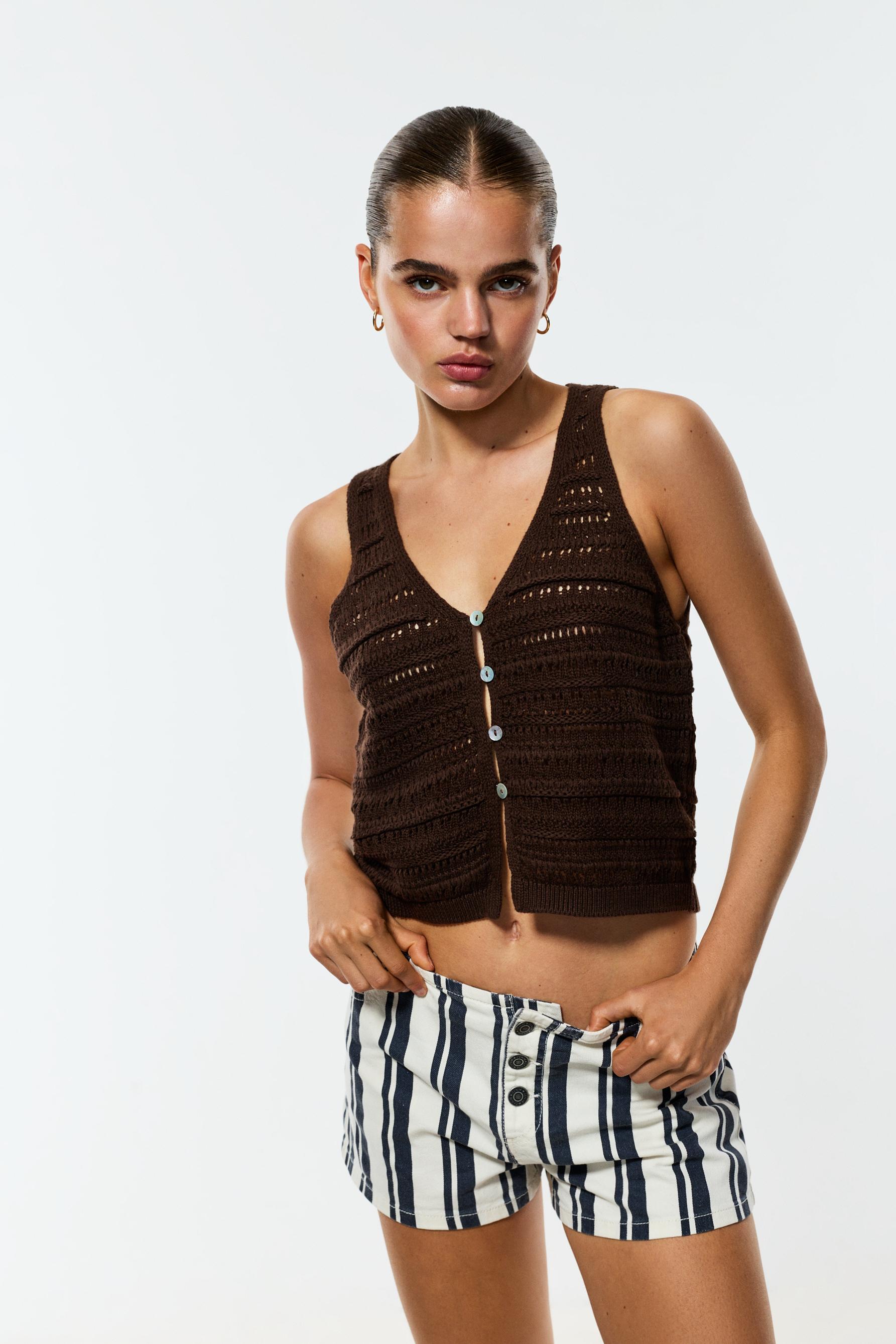 Cutwork knit top — DARK BROWN