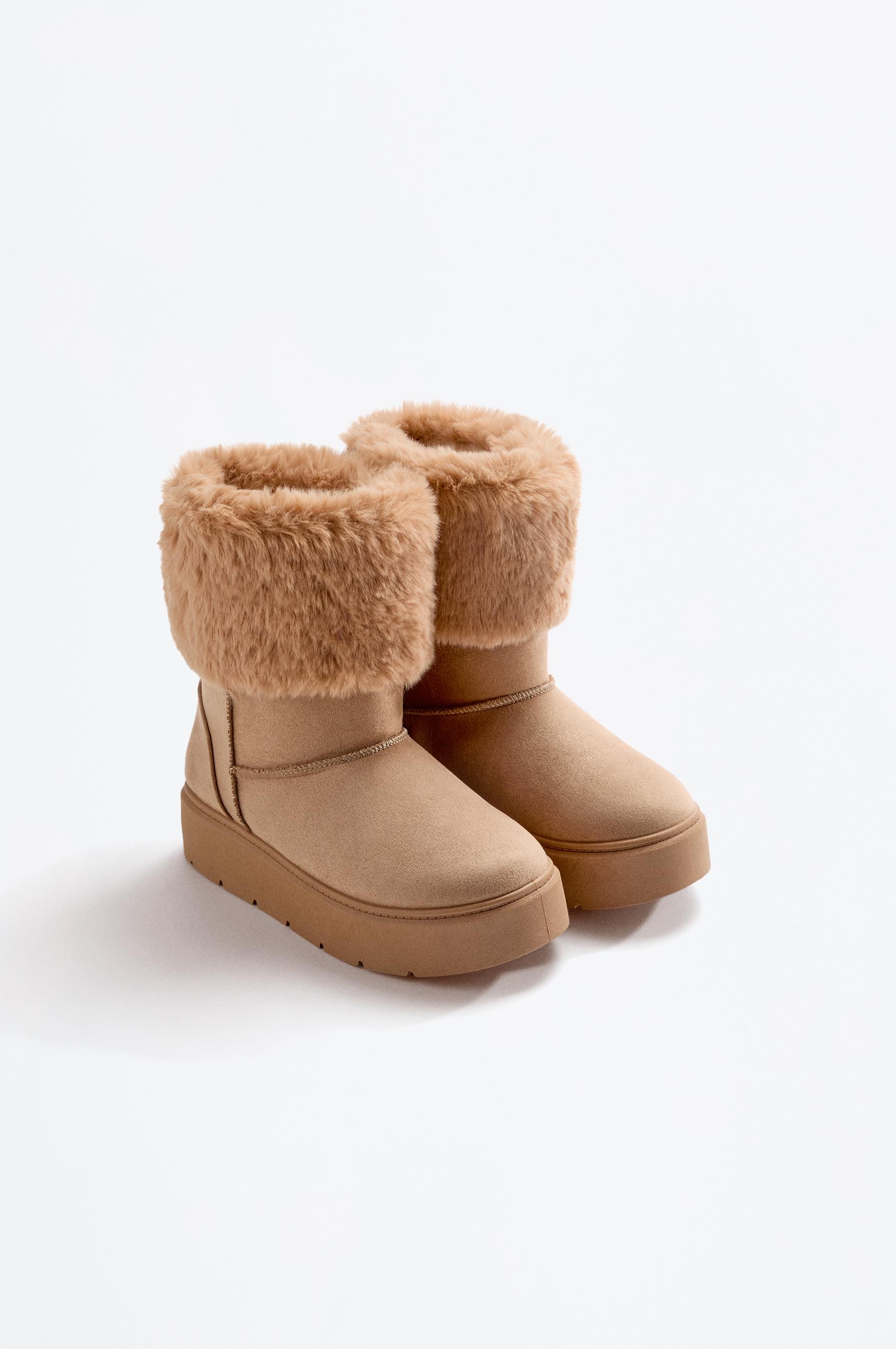 Faux fur collar boots — BROWN