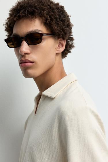 Textured V-neck polo shirt — VANILLA 5