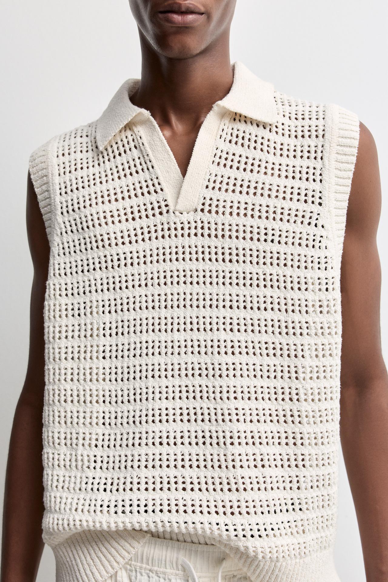 Cutwork knit polo vest — OFF WHITE