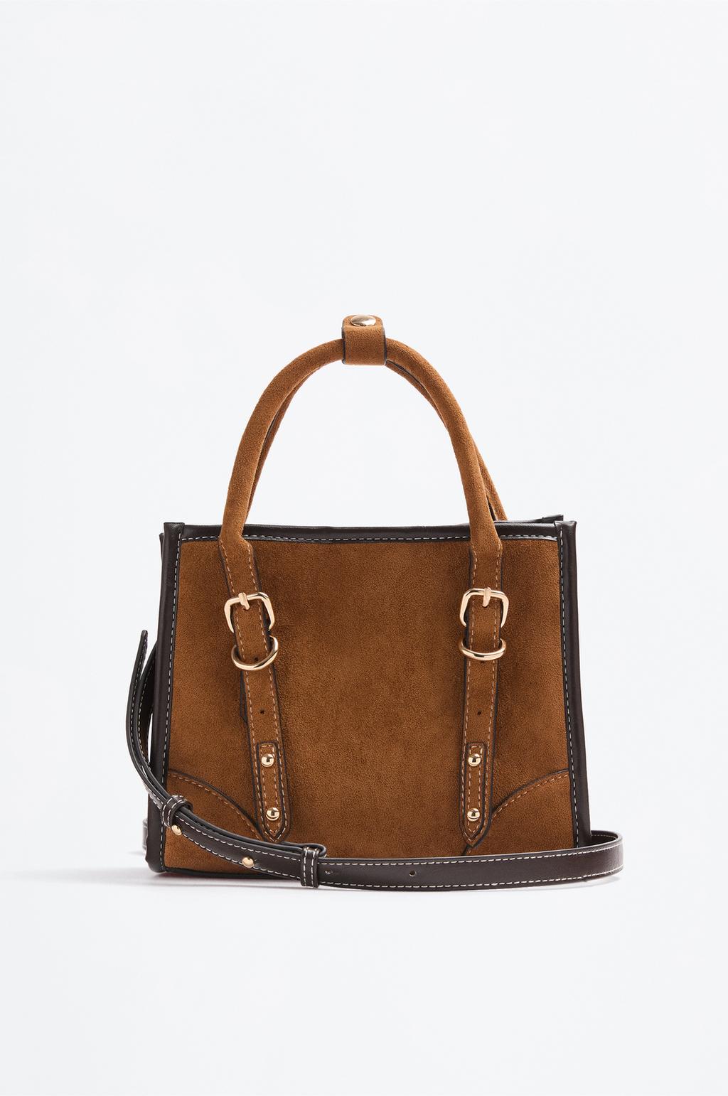 Faux suede crossbody bag with double buckle