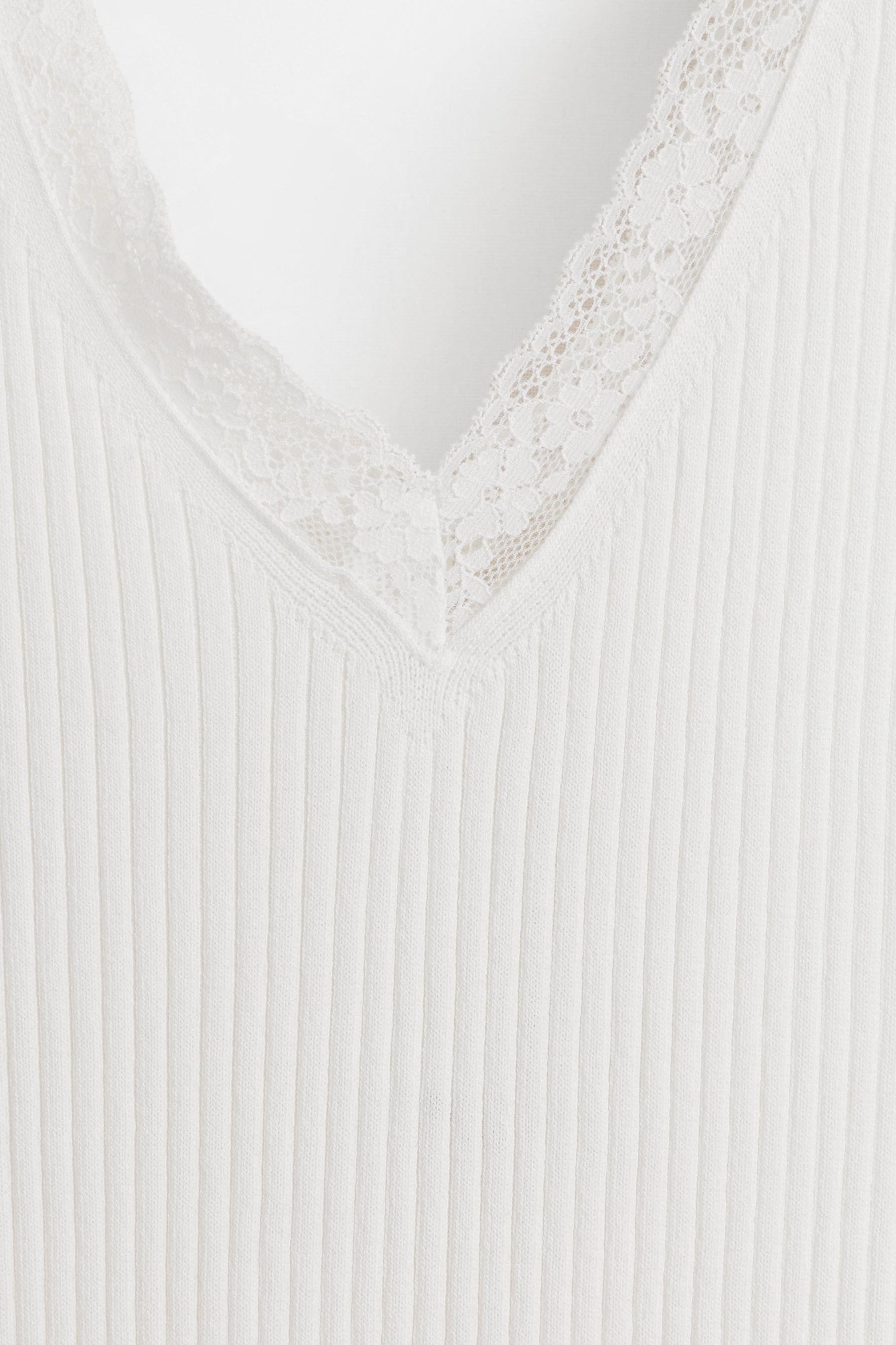 Ribbed lace knit top — WHITE