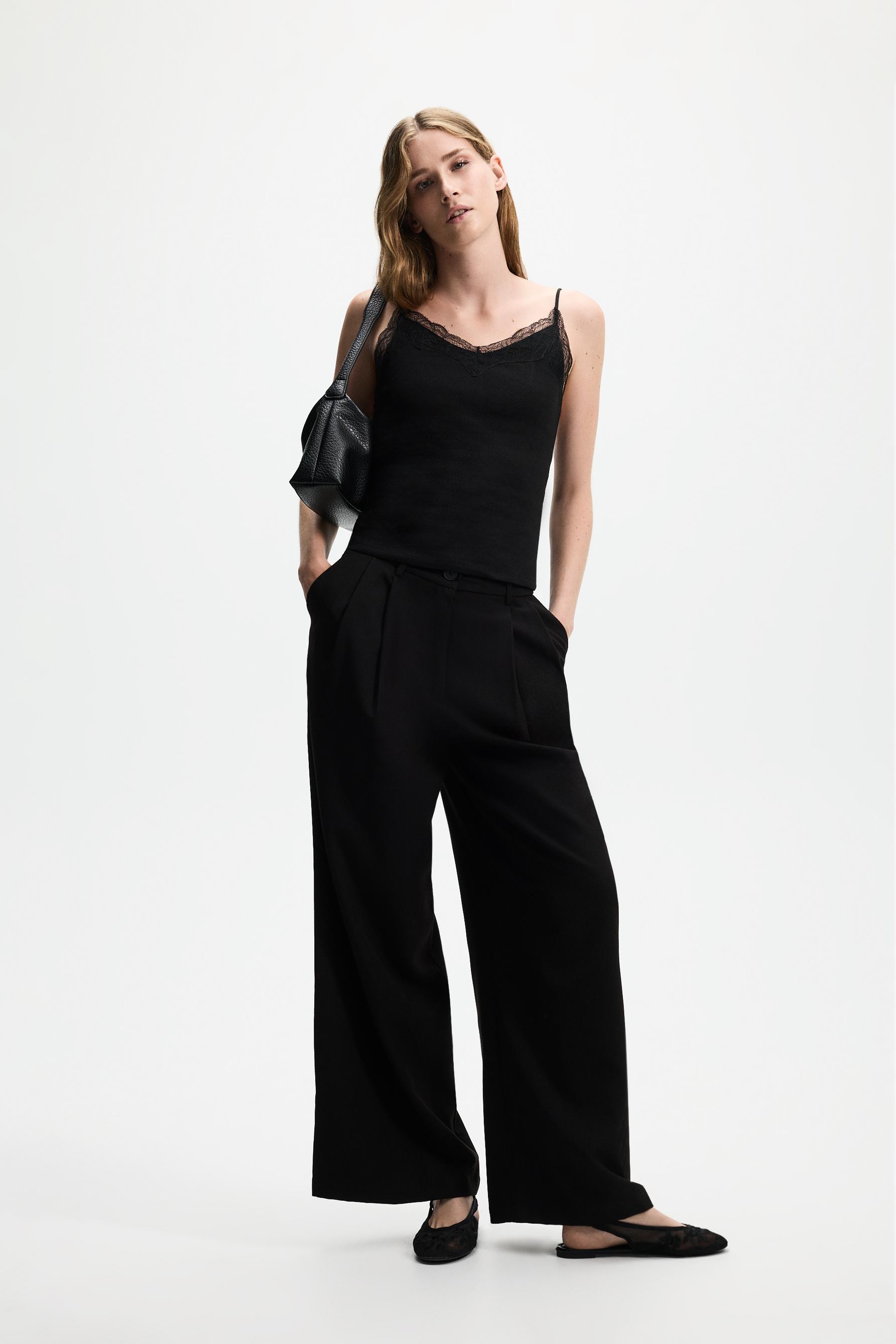 Ribbed lace camisole — BLACK