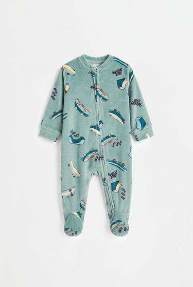 Printed velvety footed pajamas — FADED GREEN 1