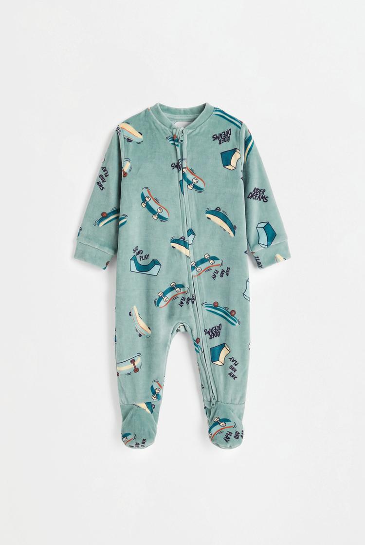 Printed velvety footed pajamas — FADED GREEN