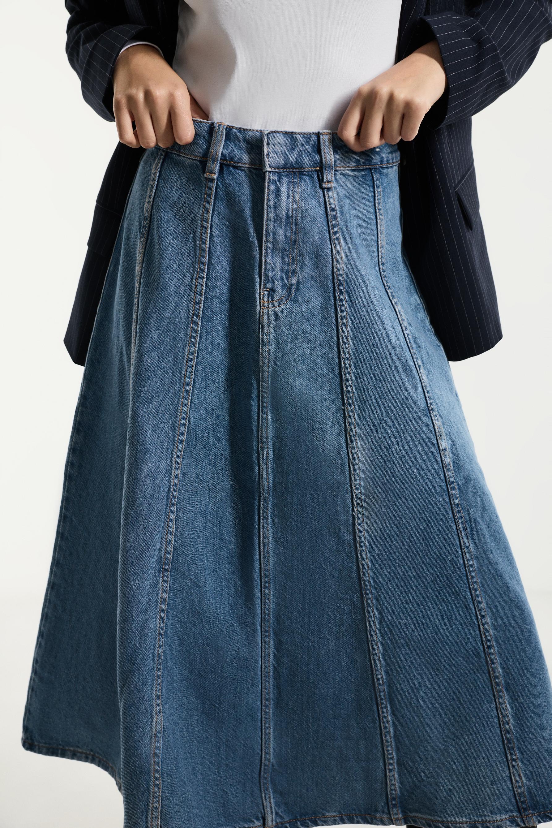 Godet denim midi skirt — FADED BLUE