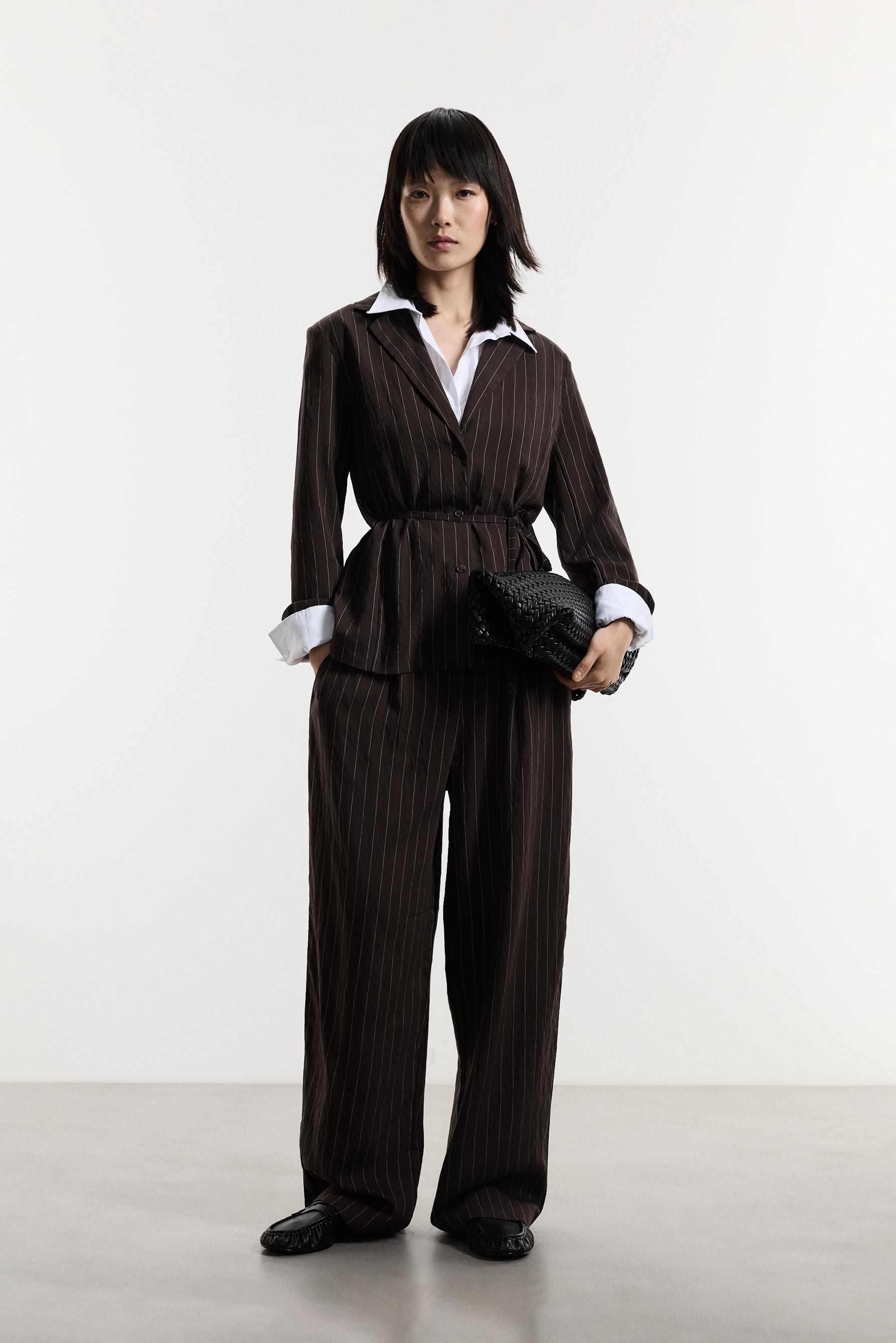 Striped blazer with tie — DARK BROWN