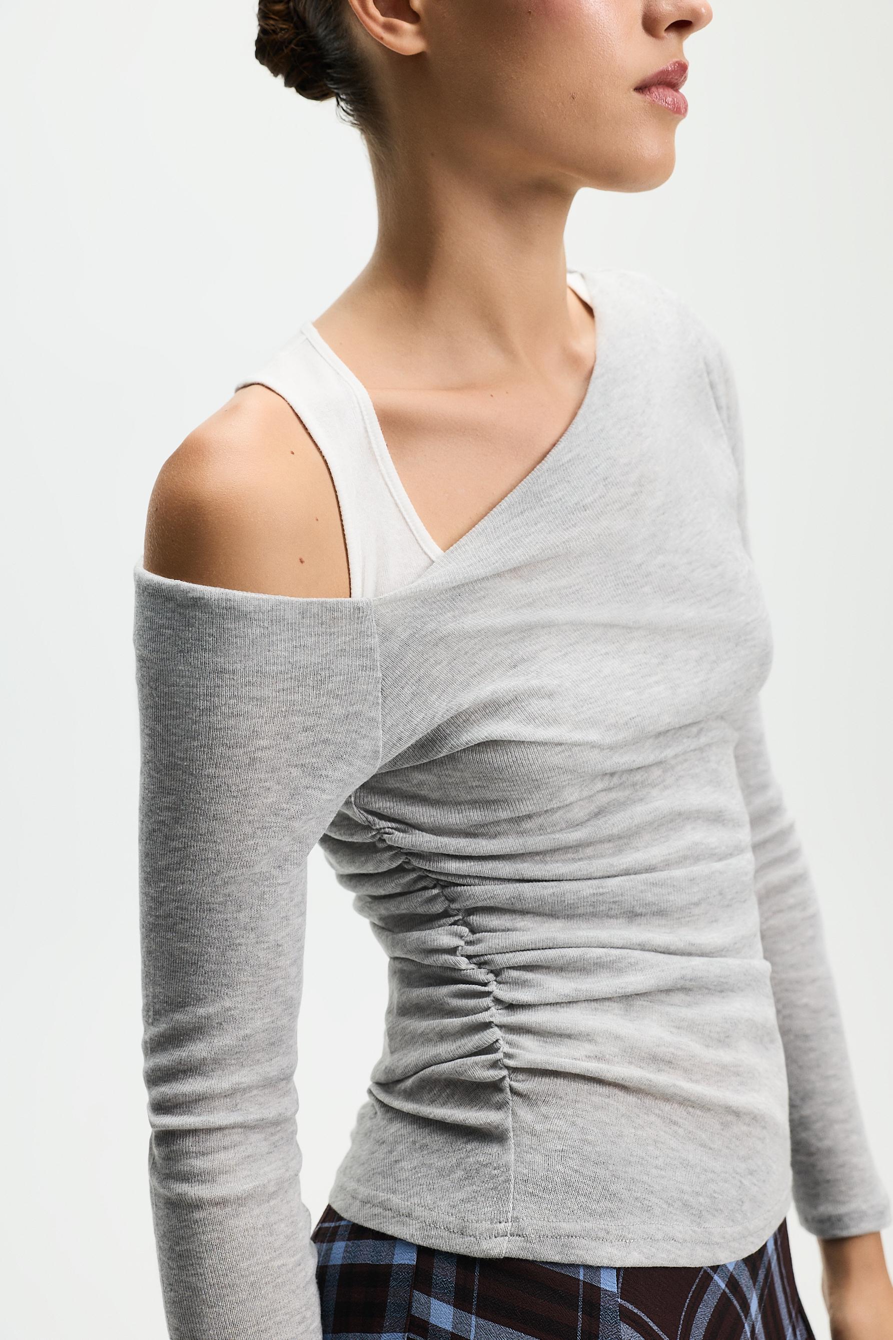 Asymmetric ribbed double T-shirt — GREY MARL