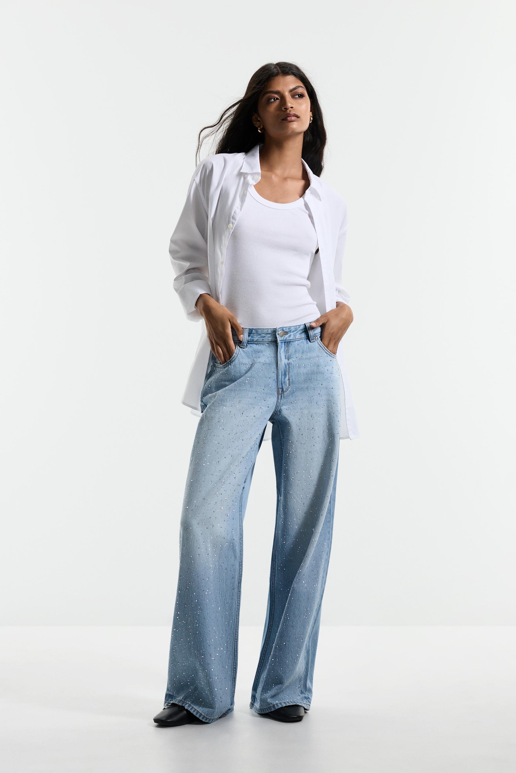 Wide-leg rhinestone jeans — FADED NAVY