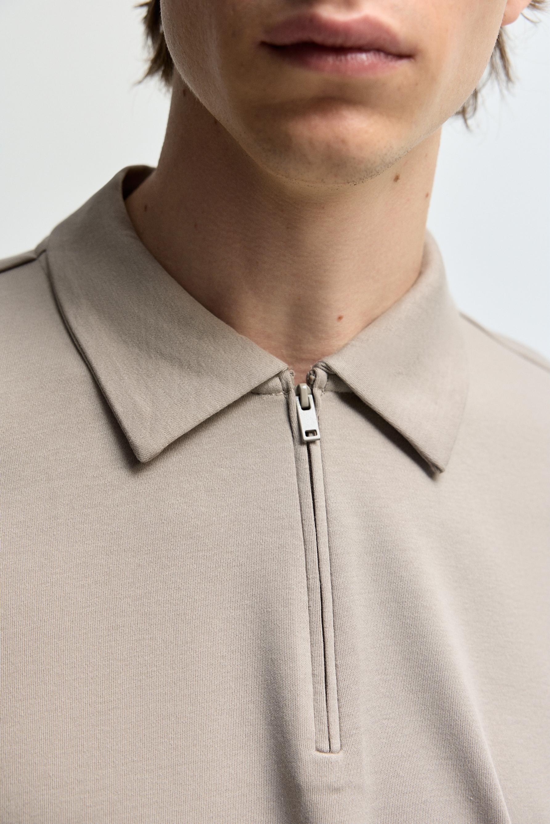 Interlock zip-up polo shirt — CAMEL