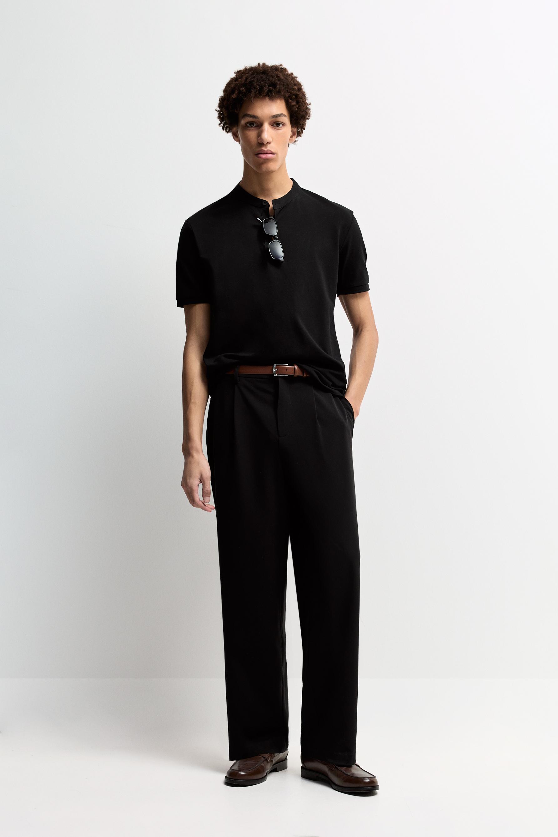 Basic stand collar polo shirt — BLACK
