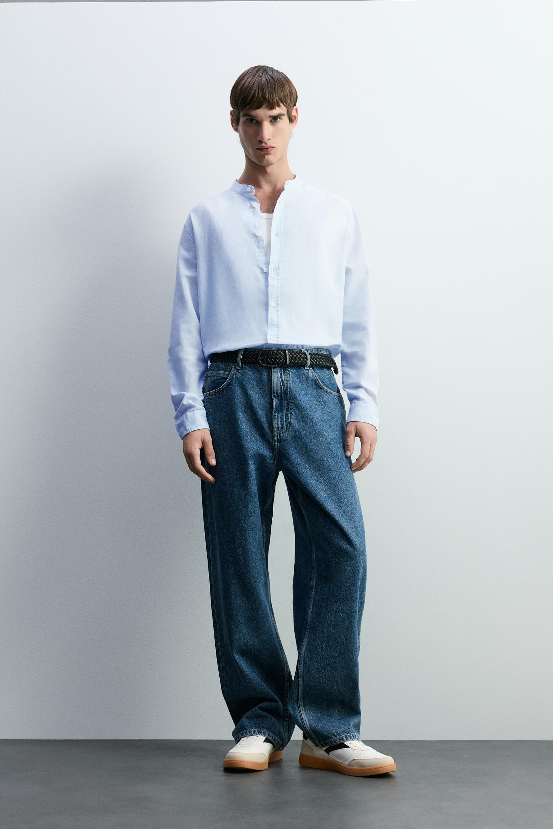 Linen and cotton stand collar shirt — SKY BLUE