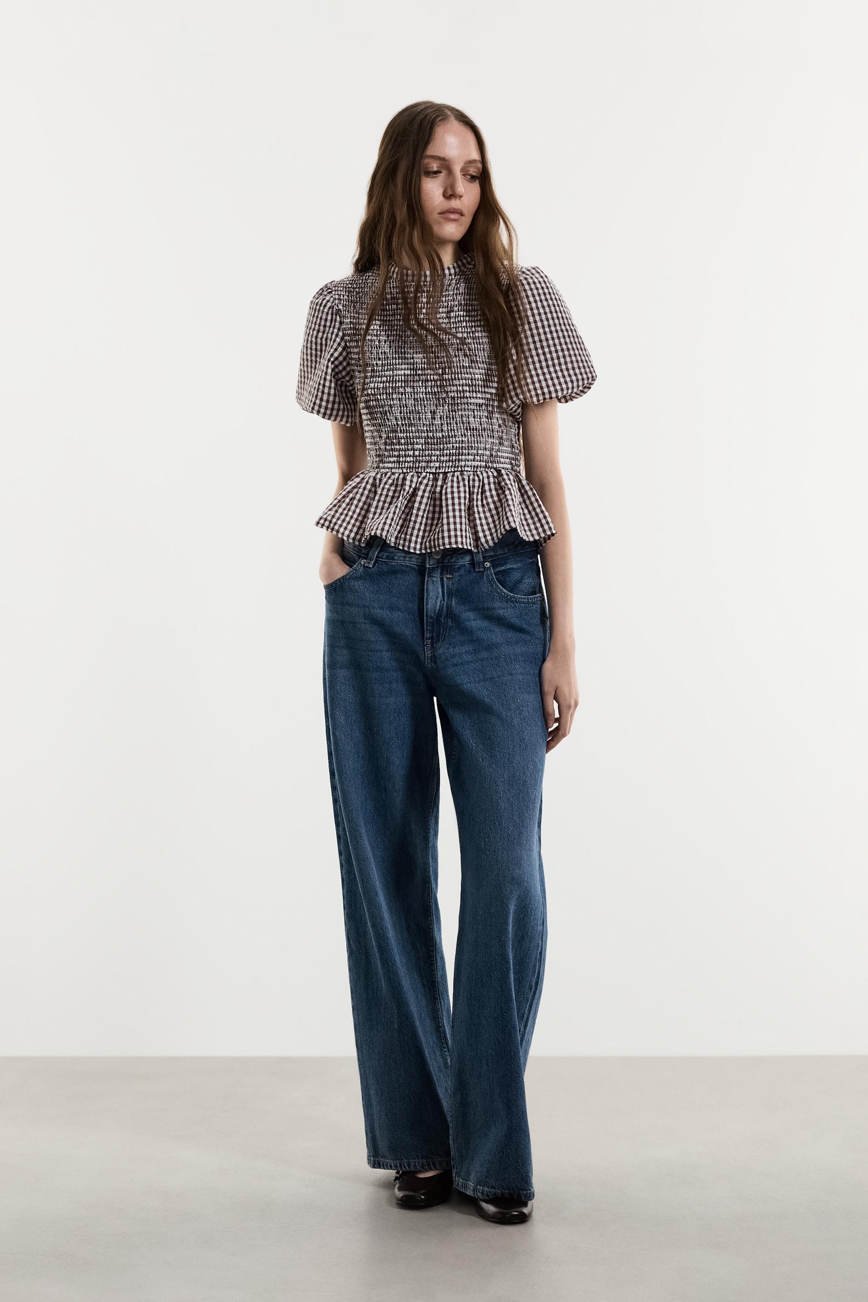 Smocked blouse — BROWN/WHITE
