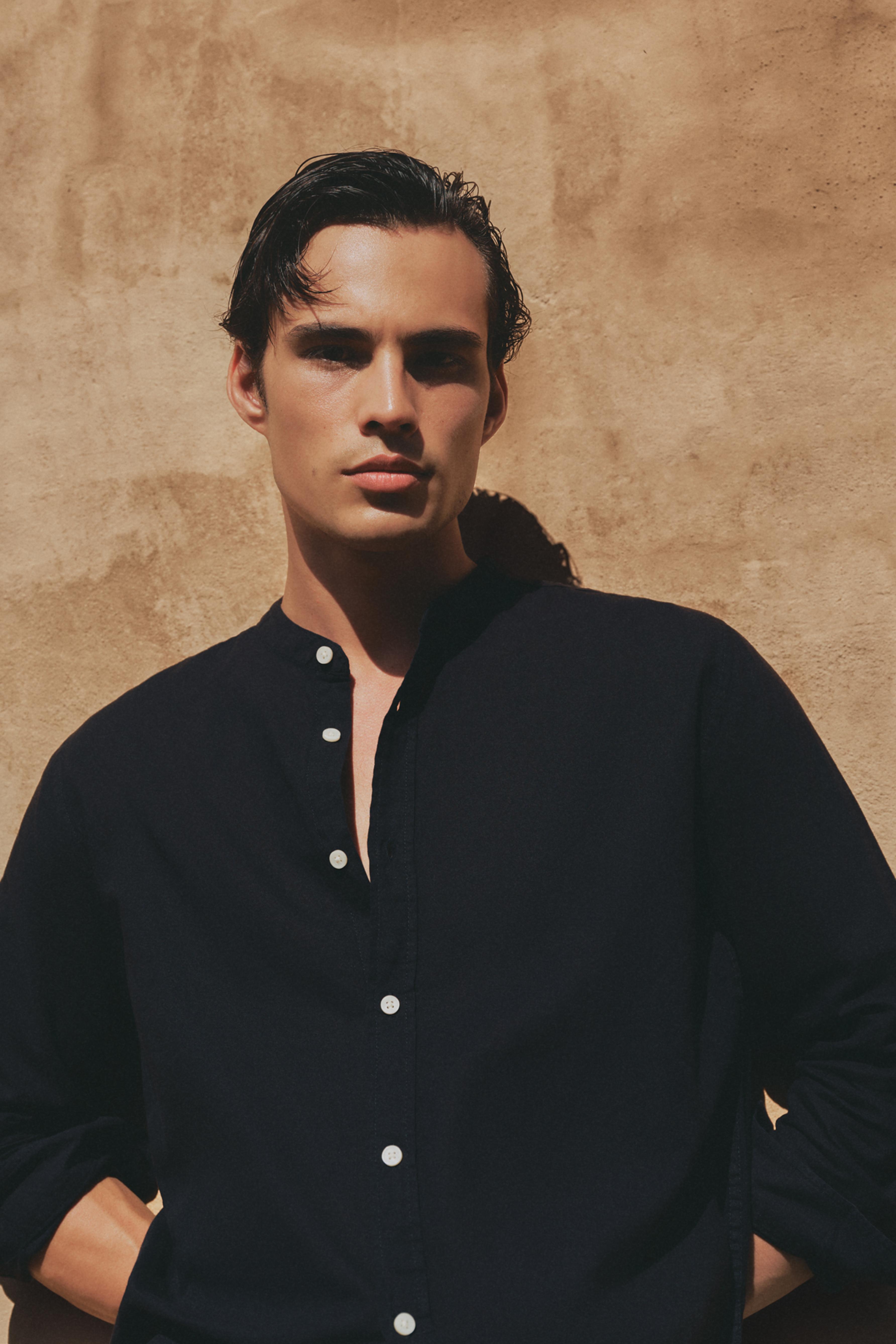 Linen and cotton stand collar shirt — BLACK
