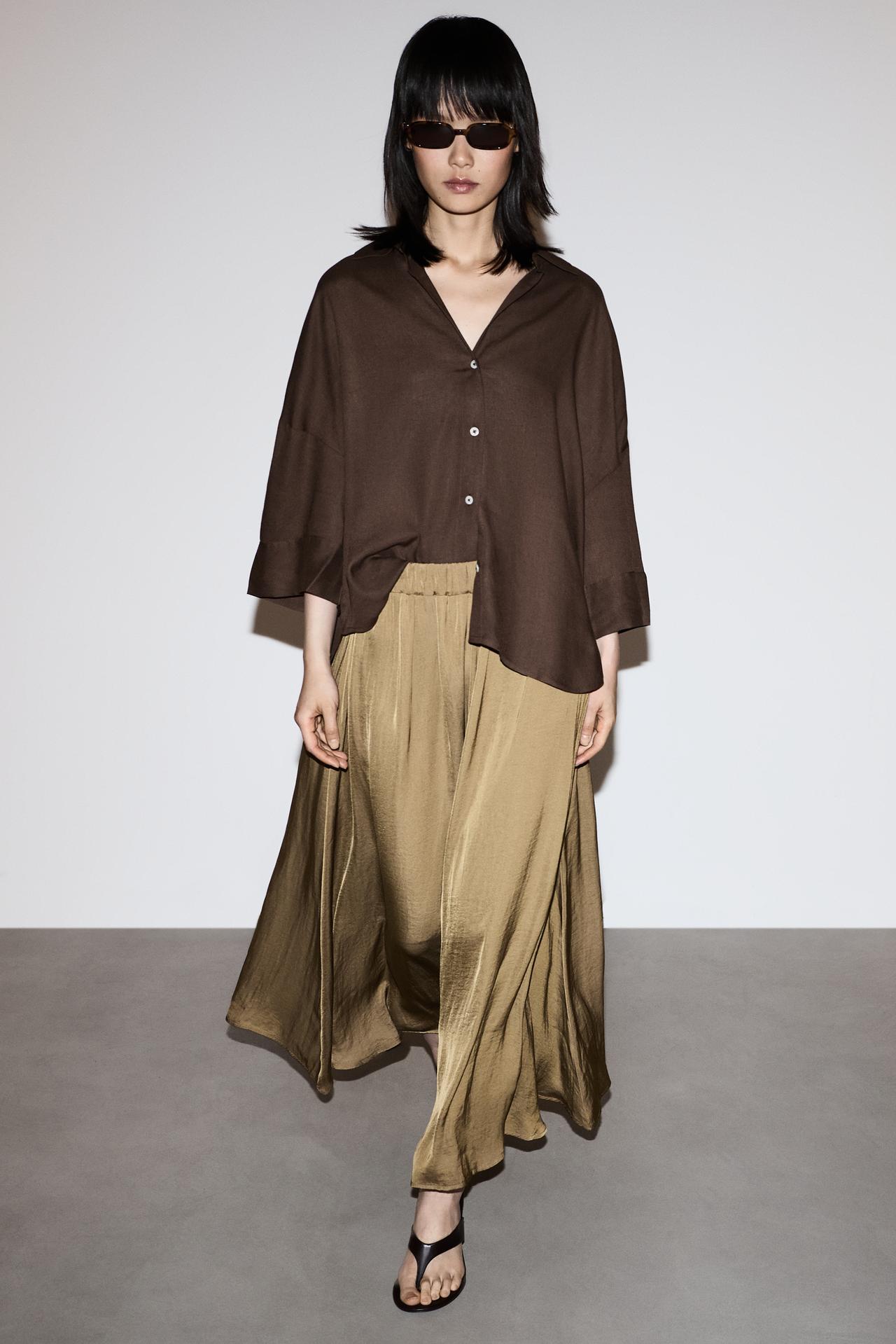 Textured satin midi skirt — KHAKI