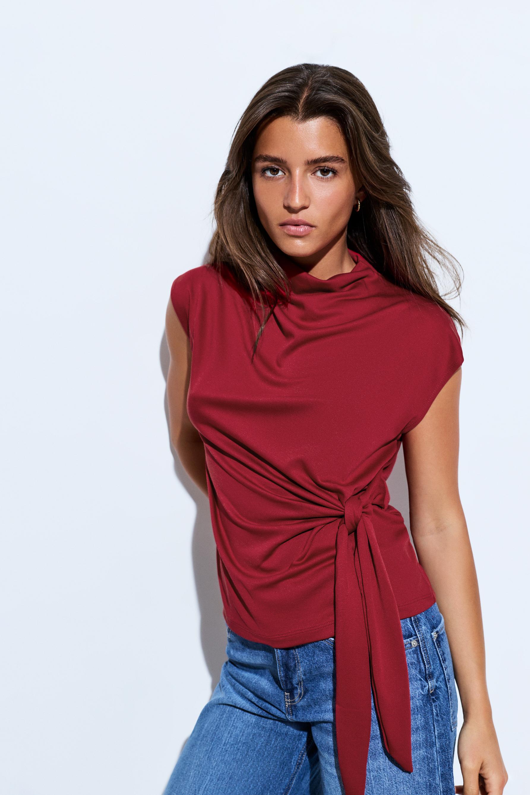 Flowing tie-detail T-shirt — RED