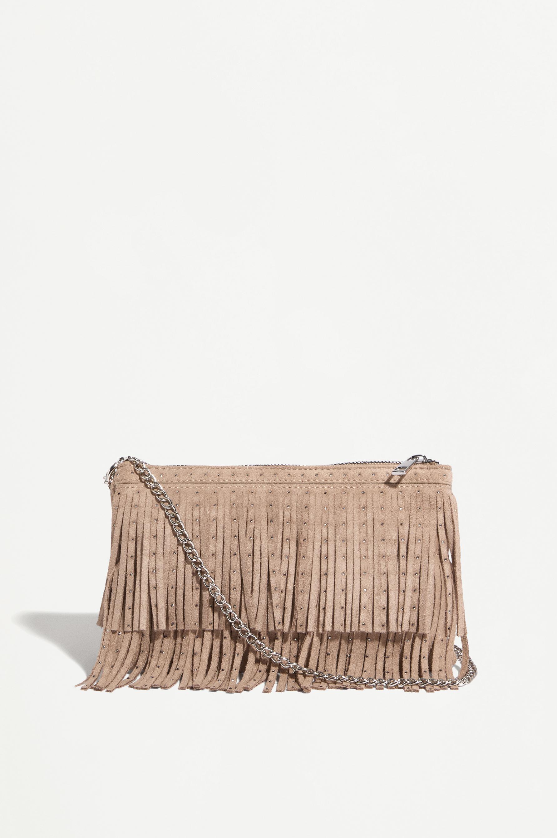 Fringed crossbody bag with rhinestones — CAMEL