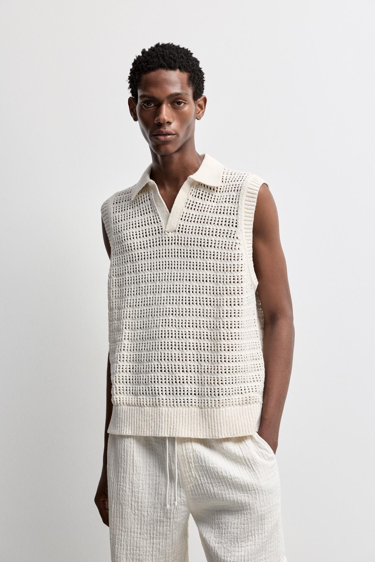 Cutwork knit polo vest — OFF WHITE