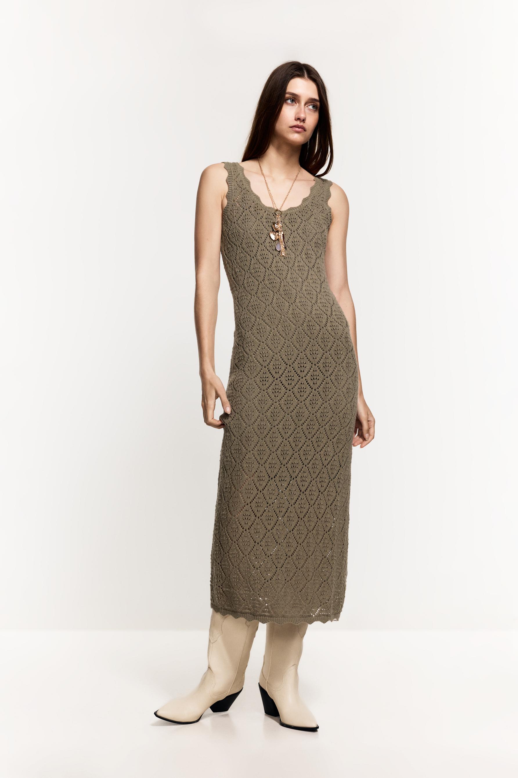 Cutwork knit midi dress — KHAKI