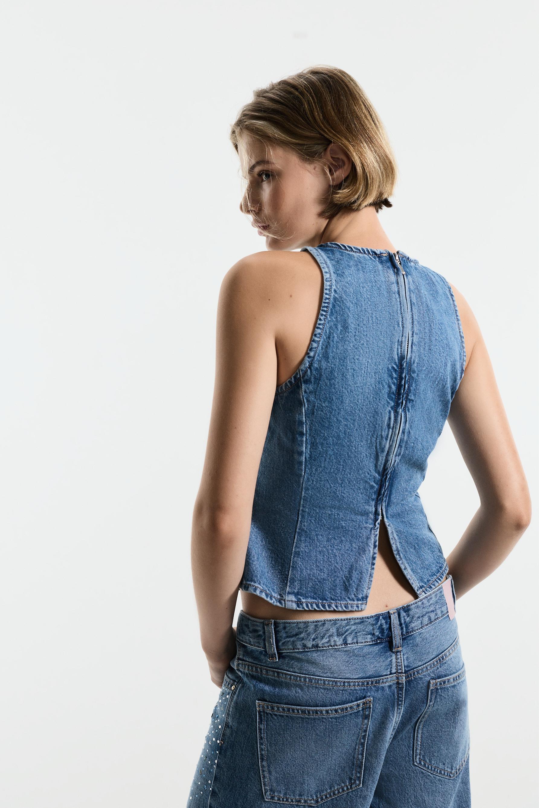 Rhinestone peplum denim top — DARK BLUE