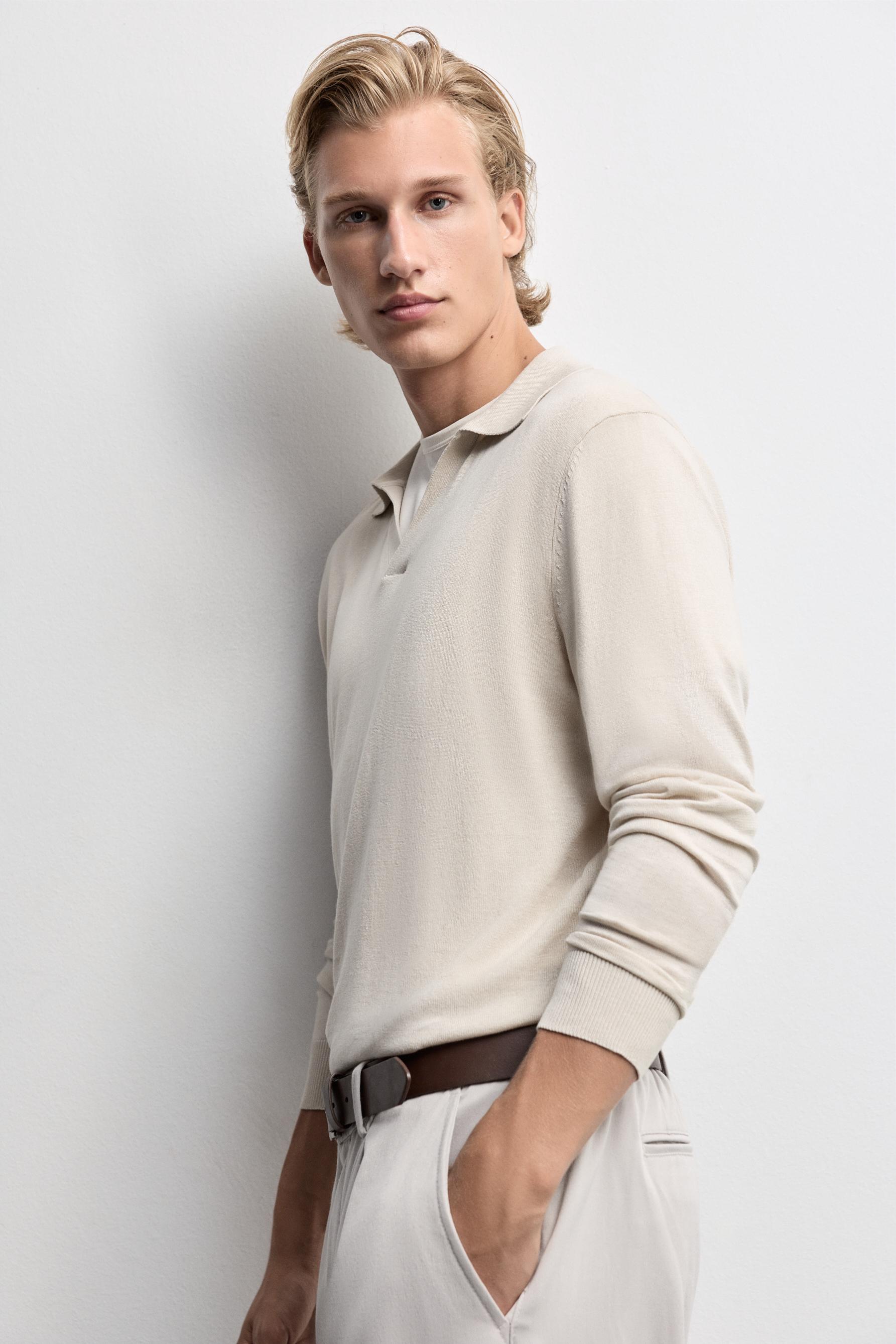 Long sleeve knit polo shirt — ECRU