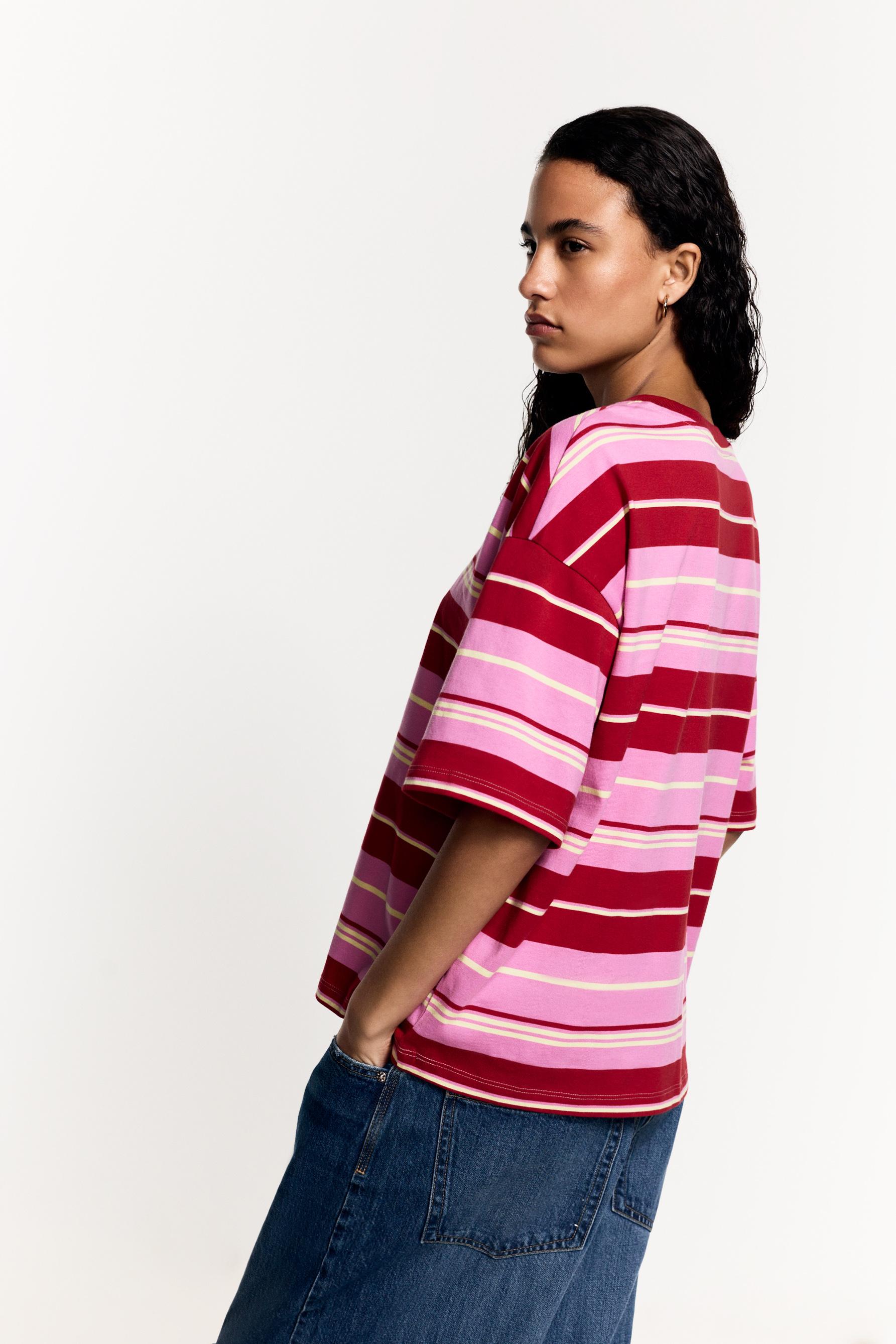 Women's Beige Striped T-Shirt — FUCHSIA