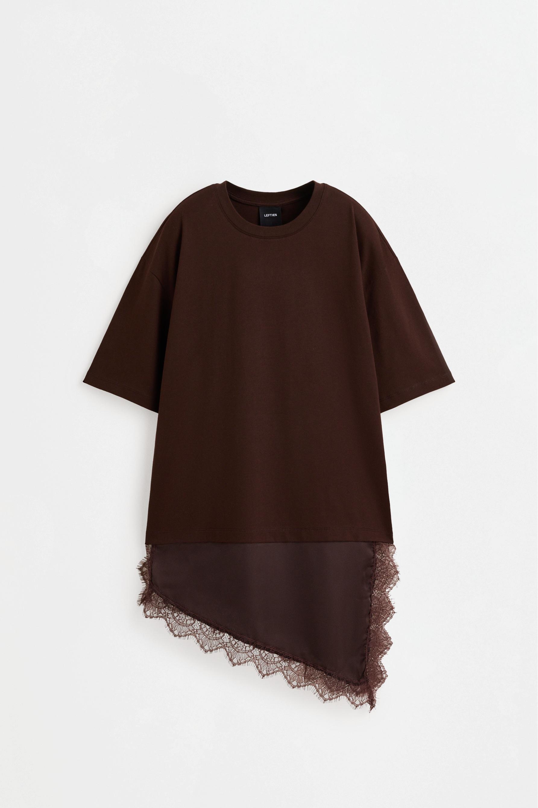Lace hem T-shirt — BROWN