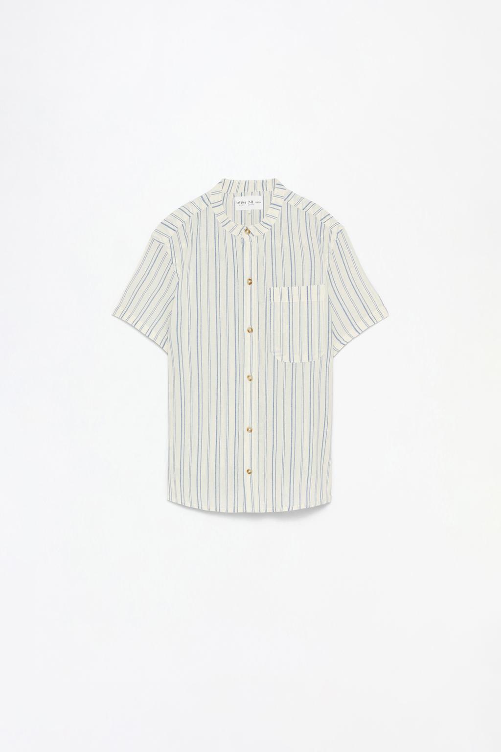 Rustic short sleeve shirt with a stand-up collar.