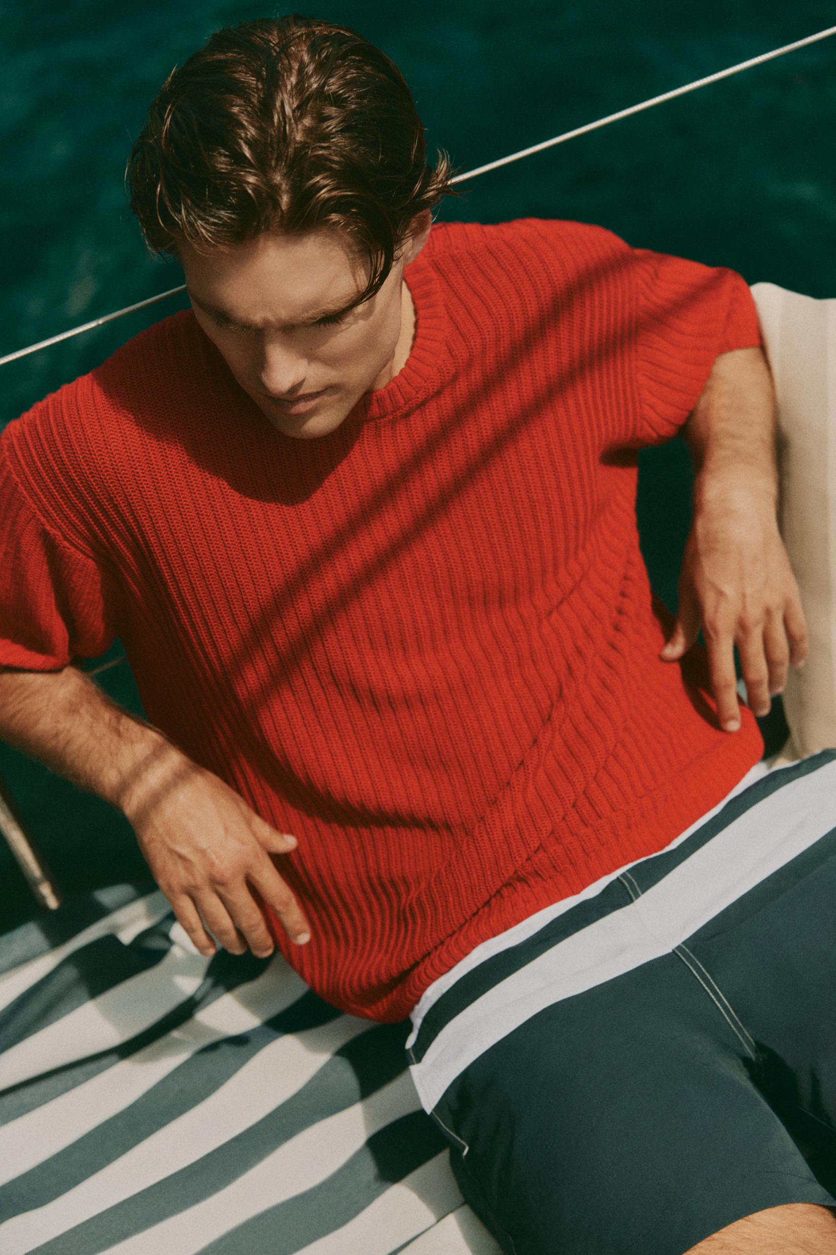 Oversize linen blend knit T-shirt — RED