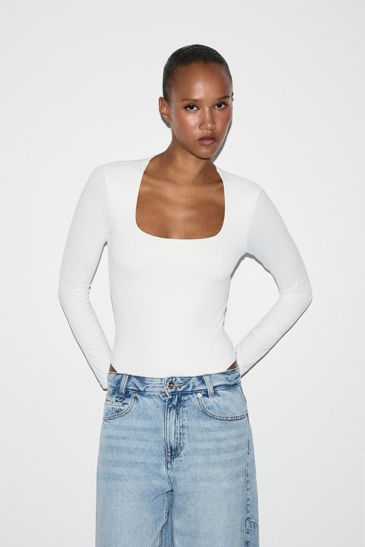 Bodysuit with square neckline — WHITE