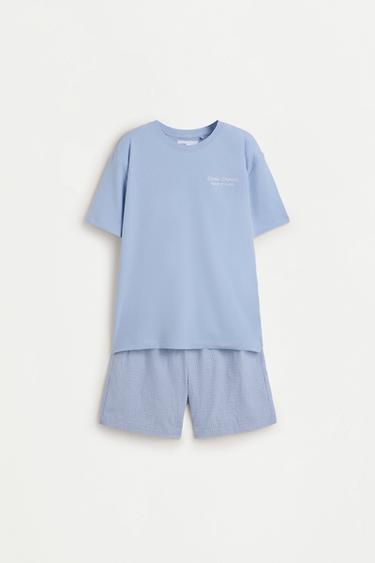 Short pyjamas with slogan print — PALE SKY BLUE 1