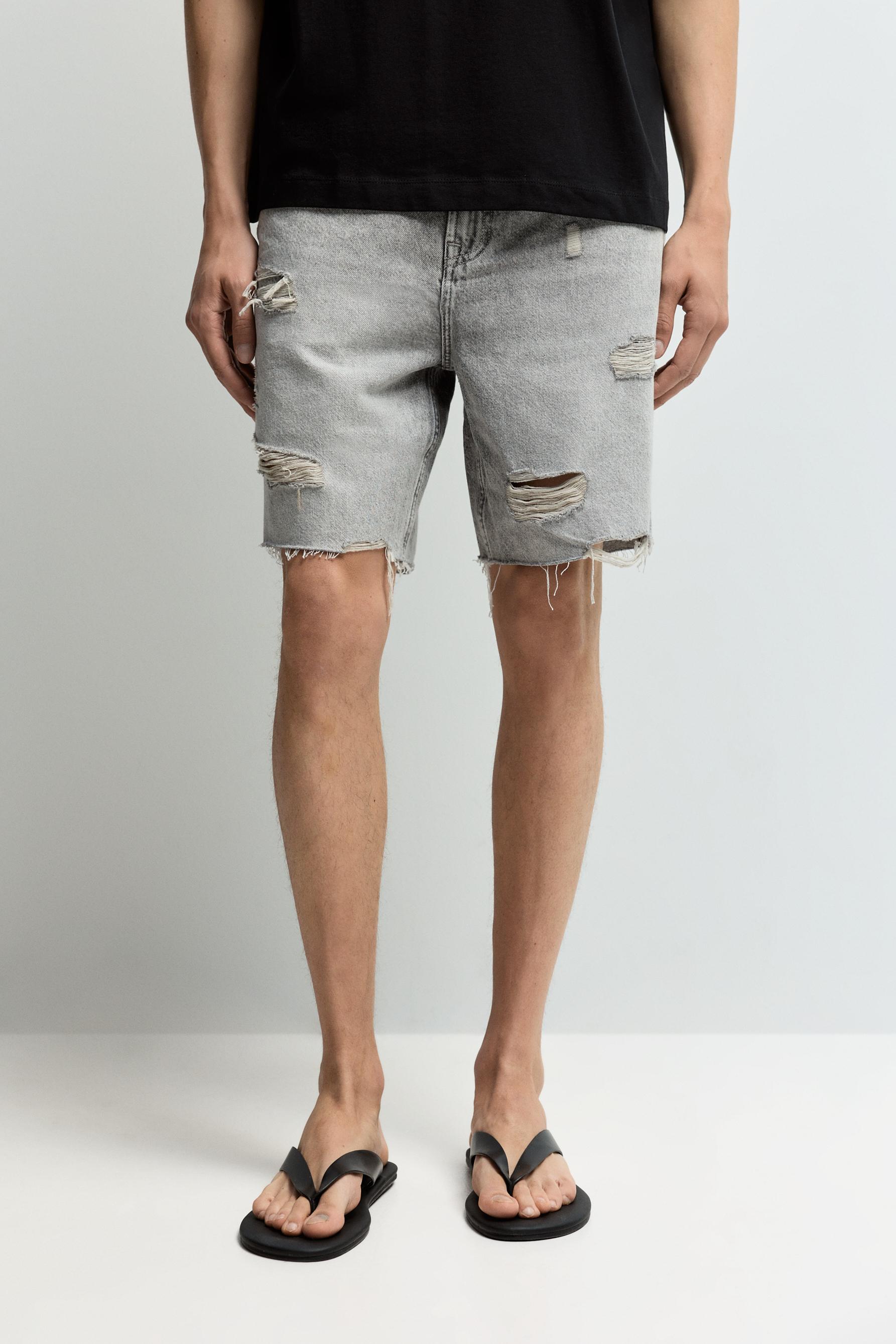 Ripped denim Bermuda shorts — PALE GREY