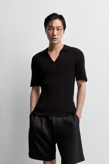 Ribbed knit polo shirt — BLACK 1