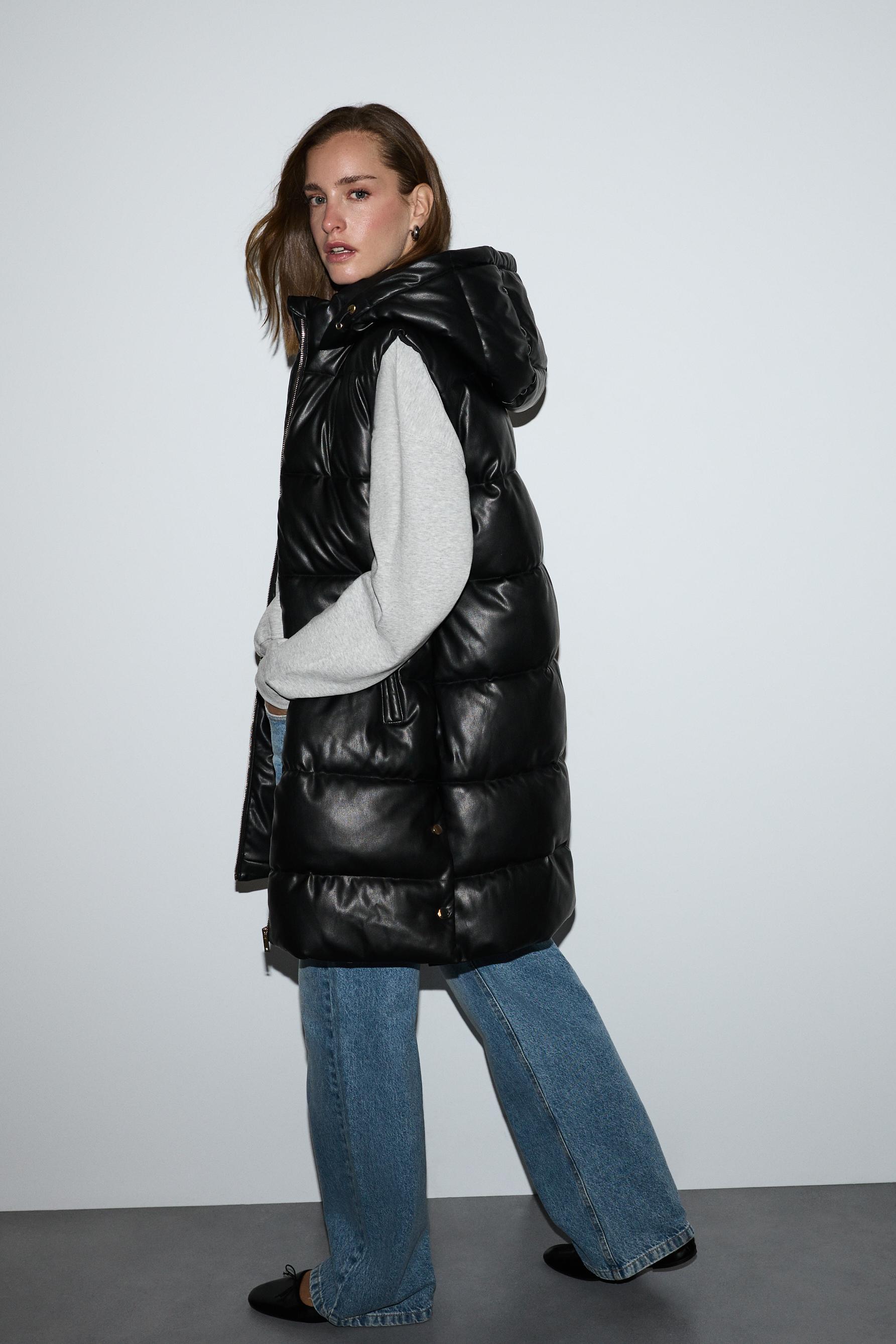 Leather effect puffer gilet — BLACK