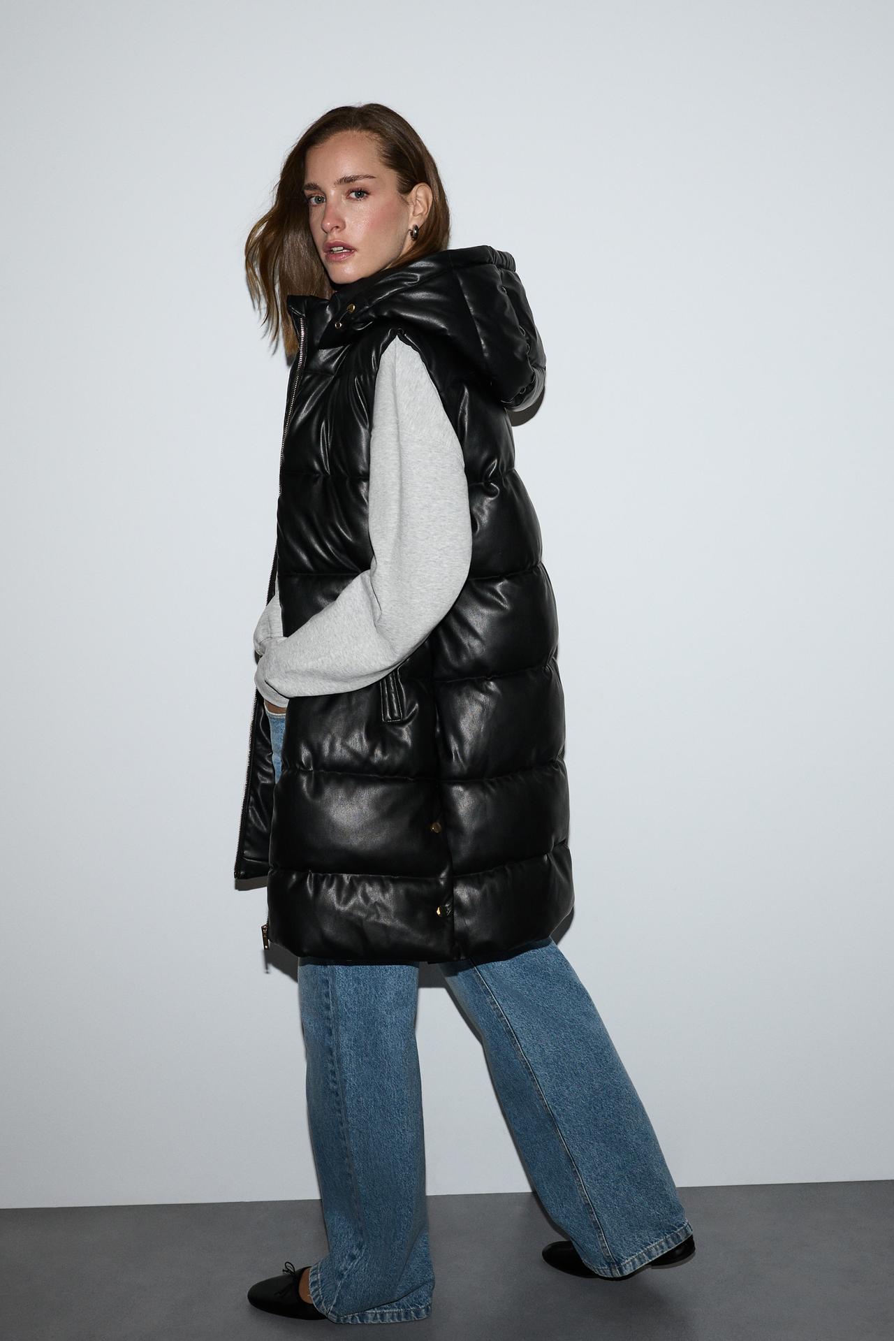 Leather effect puffer gilet — BLACK