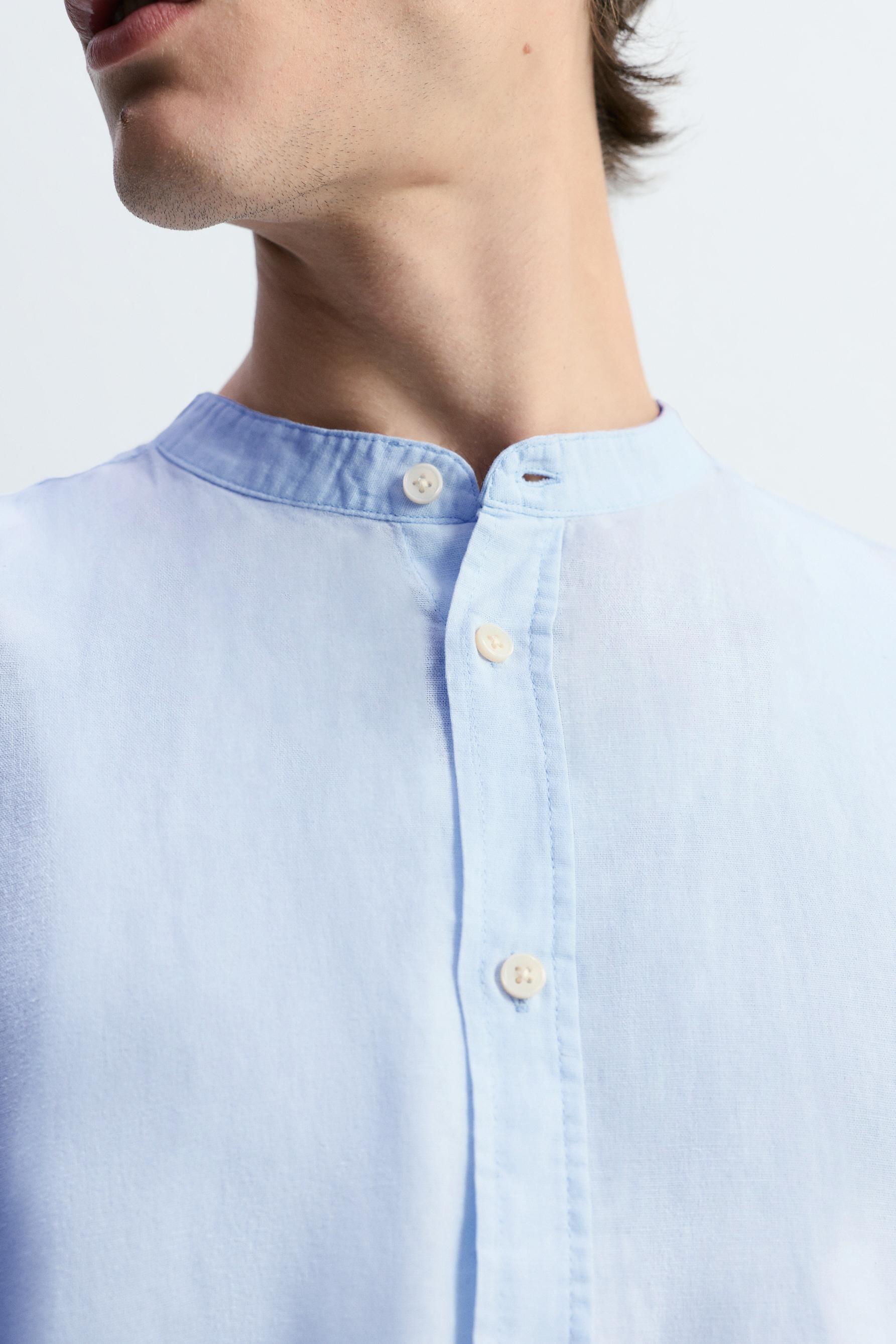 Linen and cotton stand collar shirt — SKY BLUE