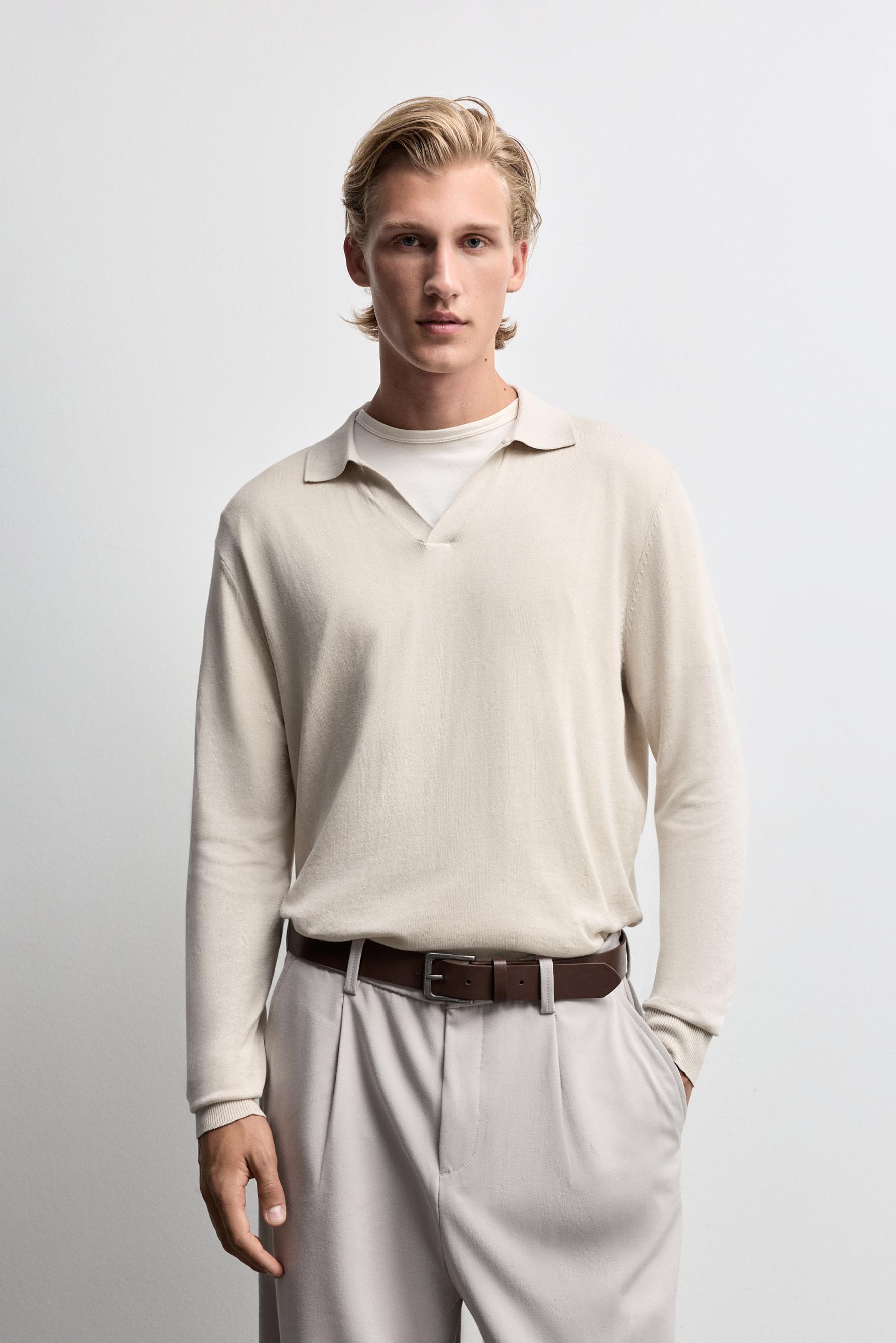Long sleeve knit polo shirt — ECRU