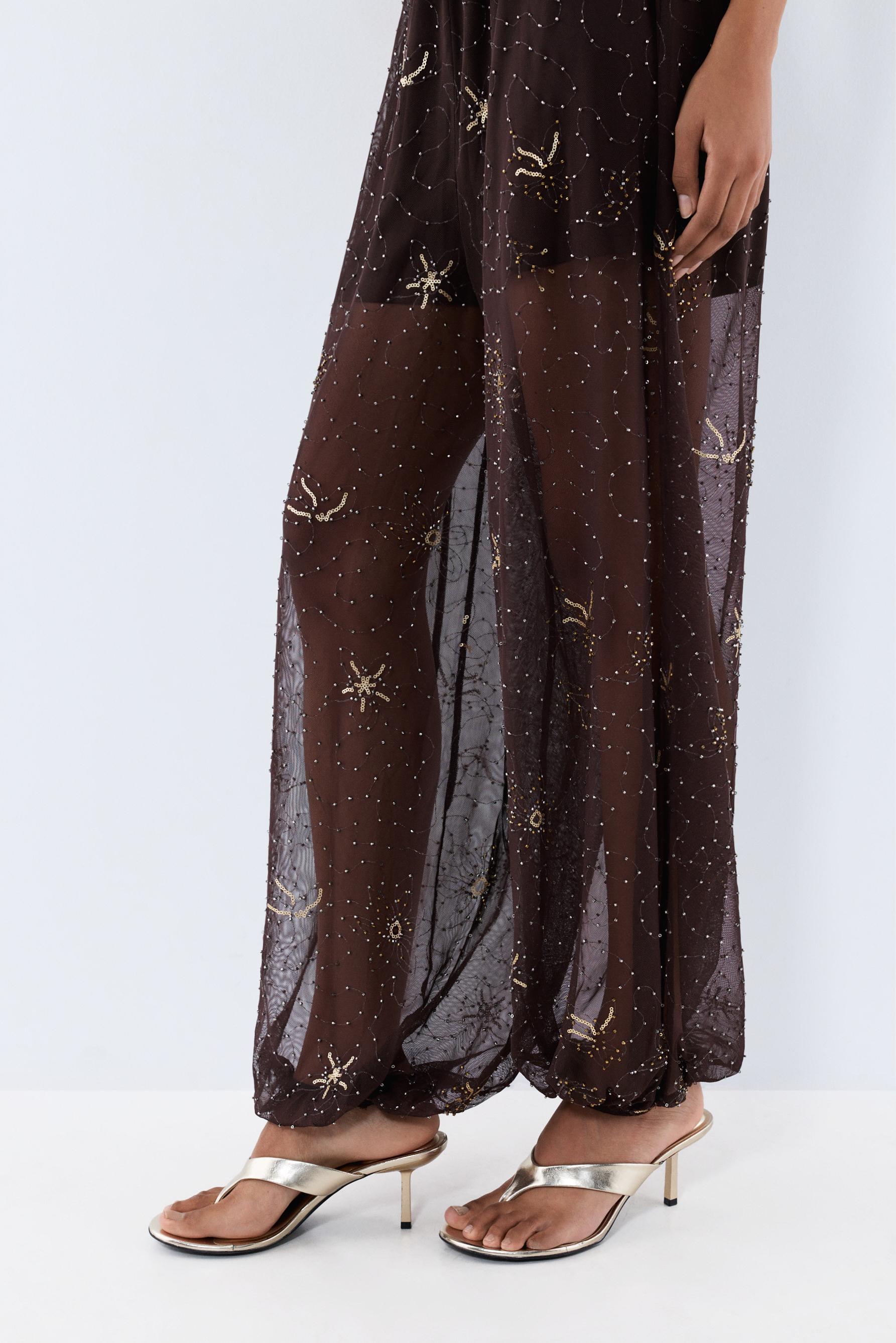 Rhinestone embroidered sarouel trousers — BROWN