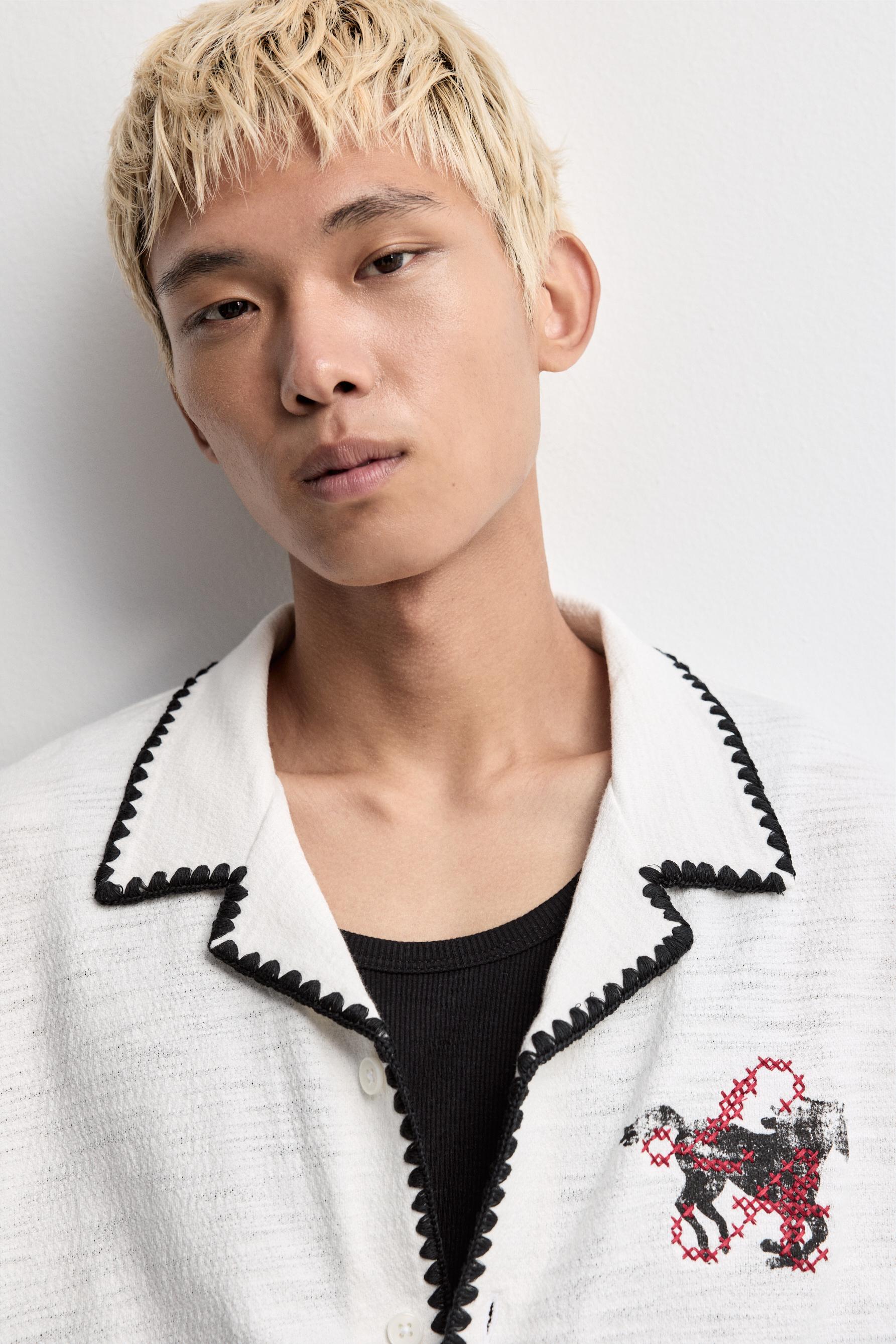 Textured shirt with embroidery — OFF WHITE